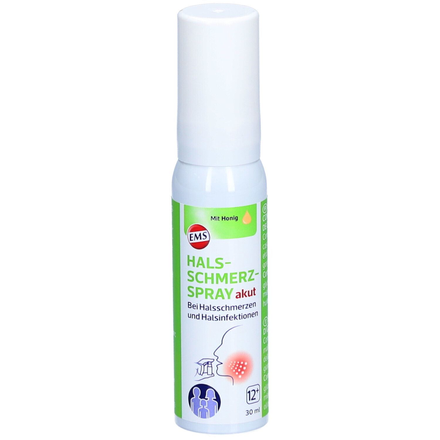 Flacon spray blanc et vert. Inscription: EMS Halsschmerzspray akut. Avec du miel. Illustration de la gorge.