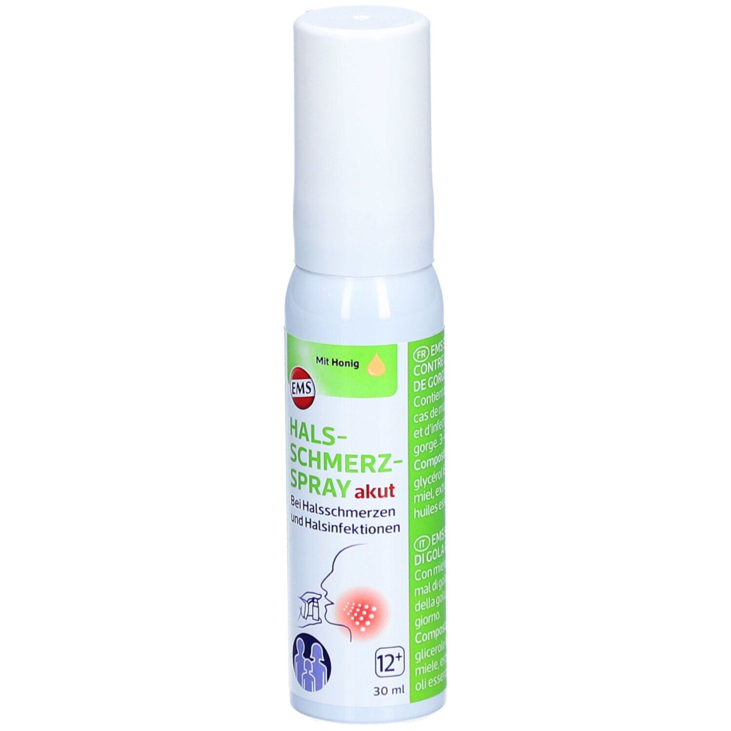 Flacon spray blanc et vert. Inscription: EMS Halsschmerzspray akut. Avec du miel. Illustration de la gorge.