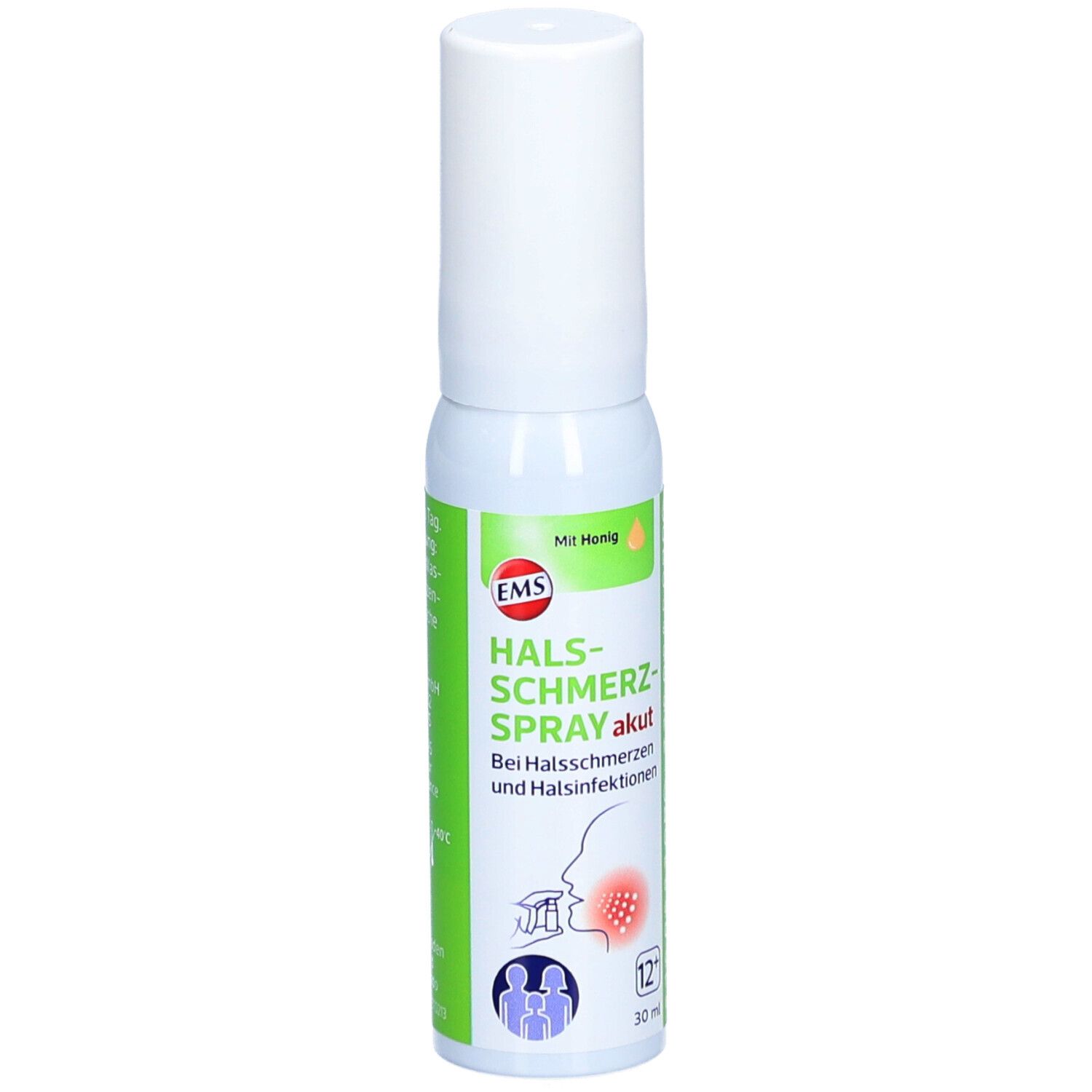 Flacon spray blanc et vert. Inscription: EMS Halsschmerzspray akut. Avec du miel. Illustration de la gorge.
