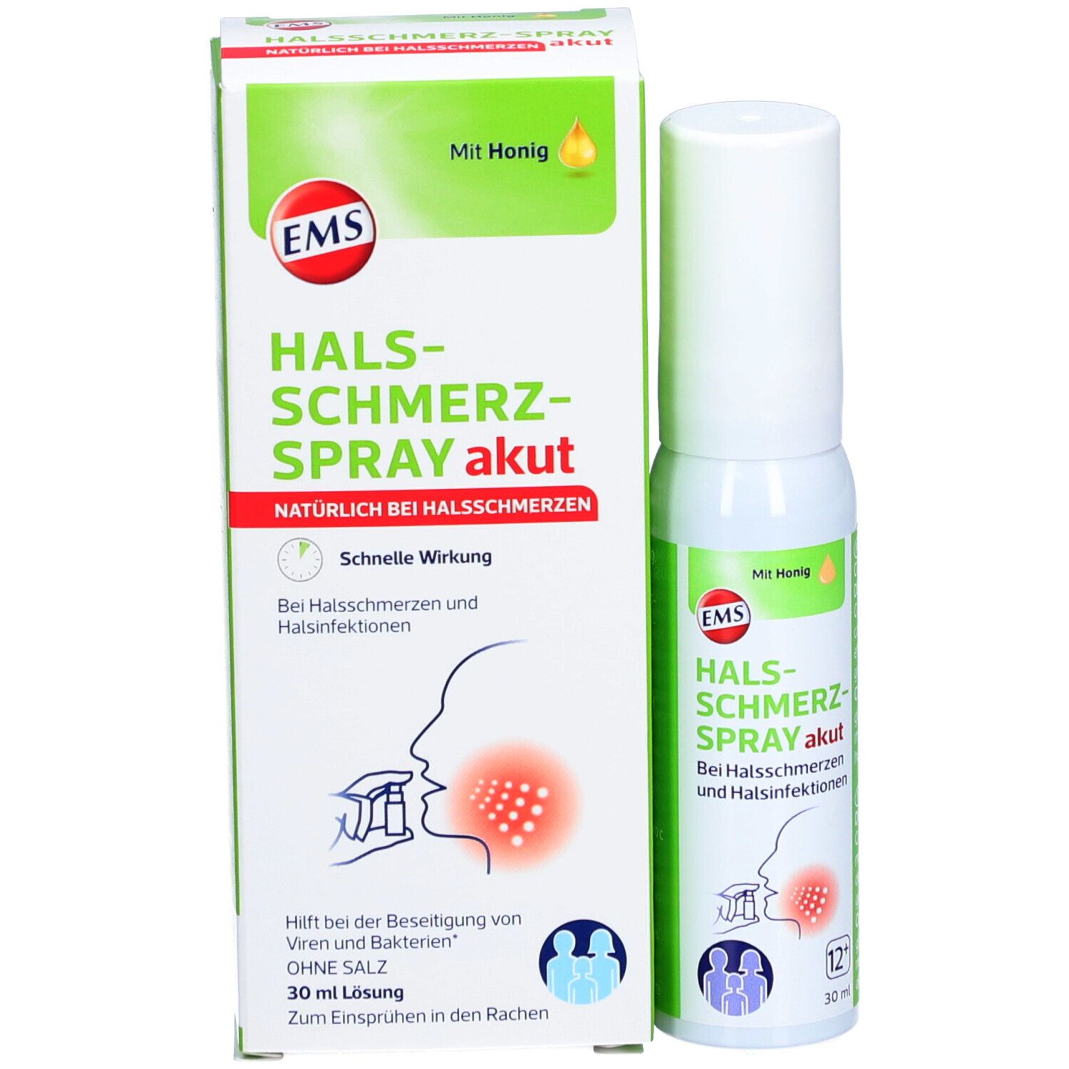 Emballage du produit et flacon pulvérisateur. Inscription: EMS Halsschmerzspray akut. Avec du miel. Illustration de la gorge.