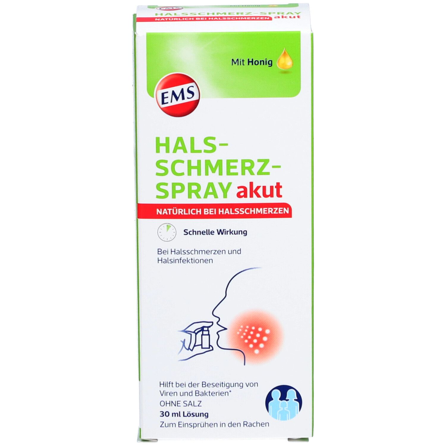 Emballage du produit. Inscription: EMS Halsschmerzspray akut. Avec du miel. Illustration de la gorge.