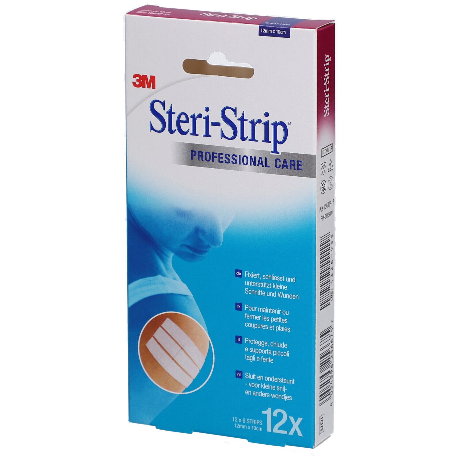 Verpackung von 3M Steri-Strip. Enthält 12 Streifen. Aufdruck: 12 x 100 mm. Produktname und Logo deutlich sichtbar.