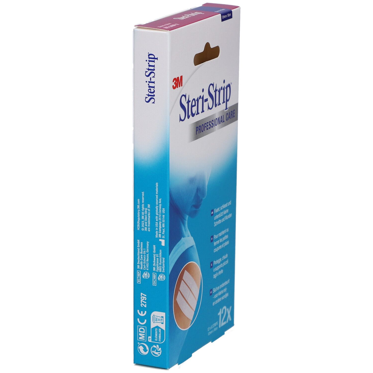 Verpackung von 3M Steri-Strip, Seitenansicht. Produktname und Logo sichtbar. Enthält 12 Stück. Mit CE-Kennzeichnung.