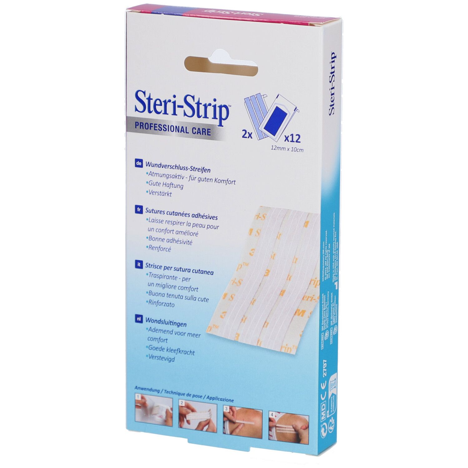 Verpackung von 3M Steri-Strip. Enthält 12 Streifen. Produktname und Logo sichtbar. Anwendungshinweise und Produktabbildungen.