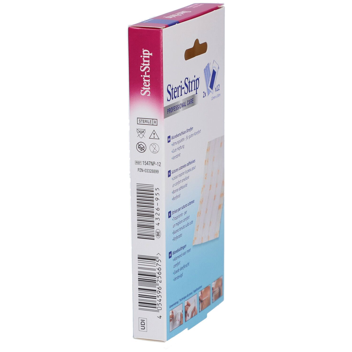 Rückseite der 3M Steri-Strip Verpackung. Produktinformationen, Chargennummer, und Herstellerangaben. UDI-Code.