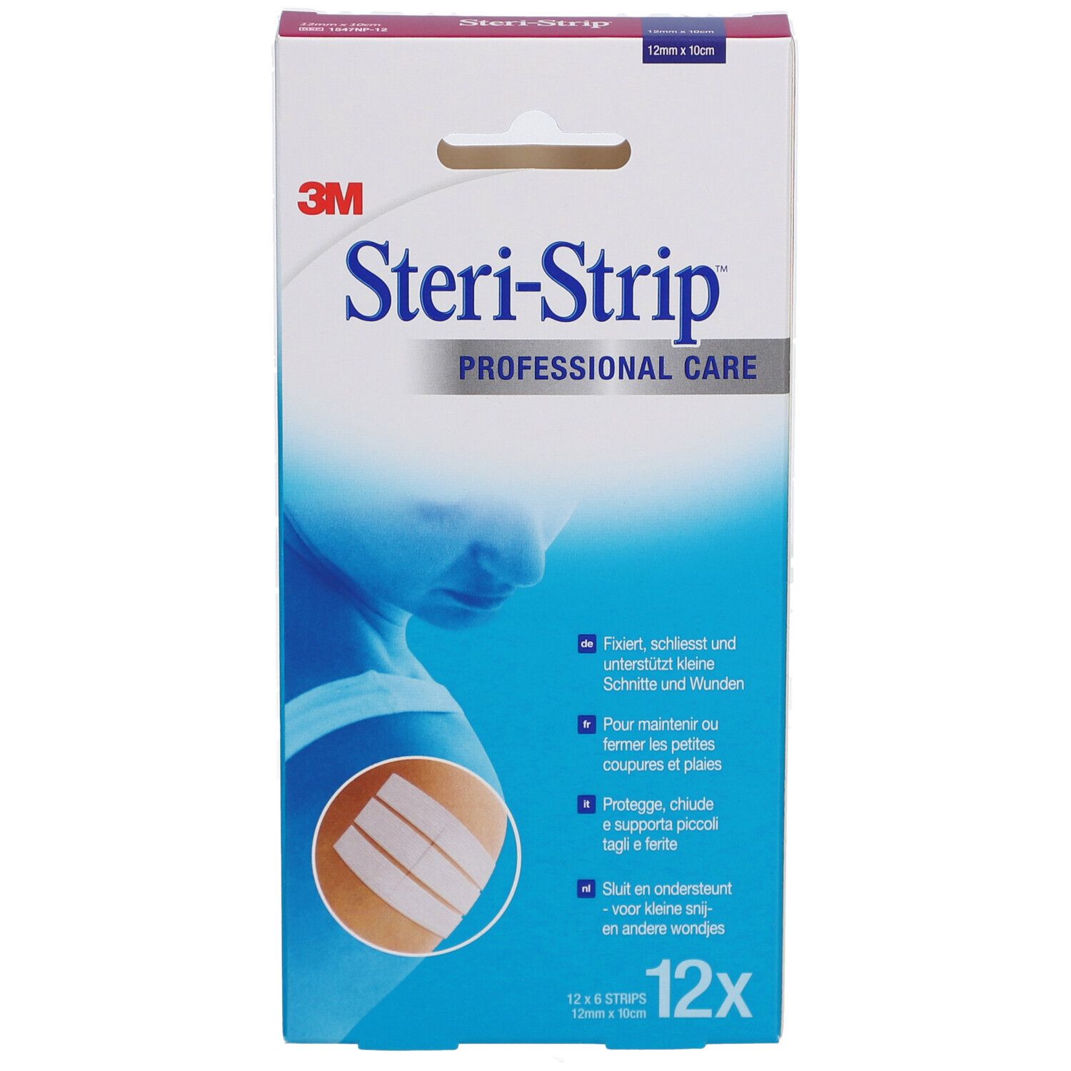 Verpackung von 3M Steri-Strip. Enthält 12 Streifen. Produktname und Logo deutlich sichtbar. Abbildung der Streifen.