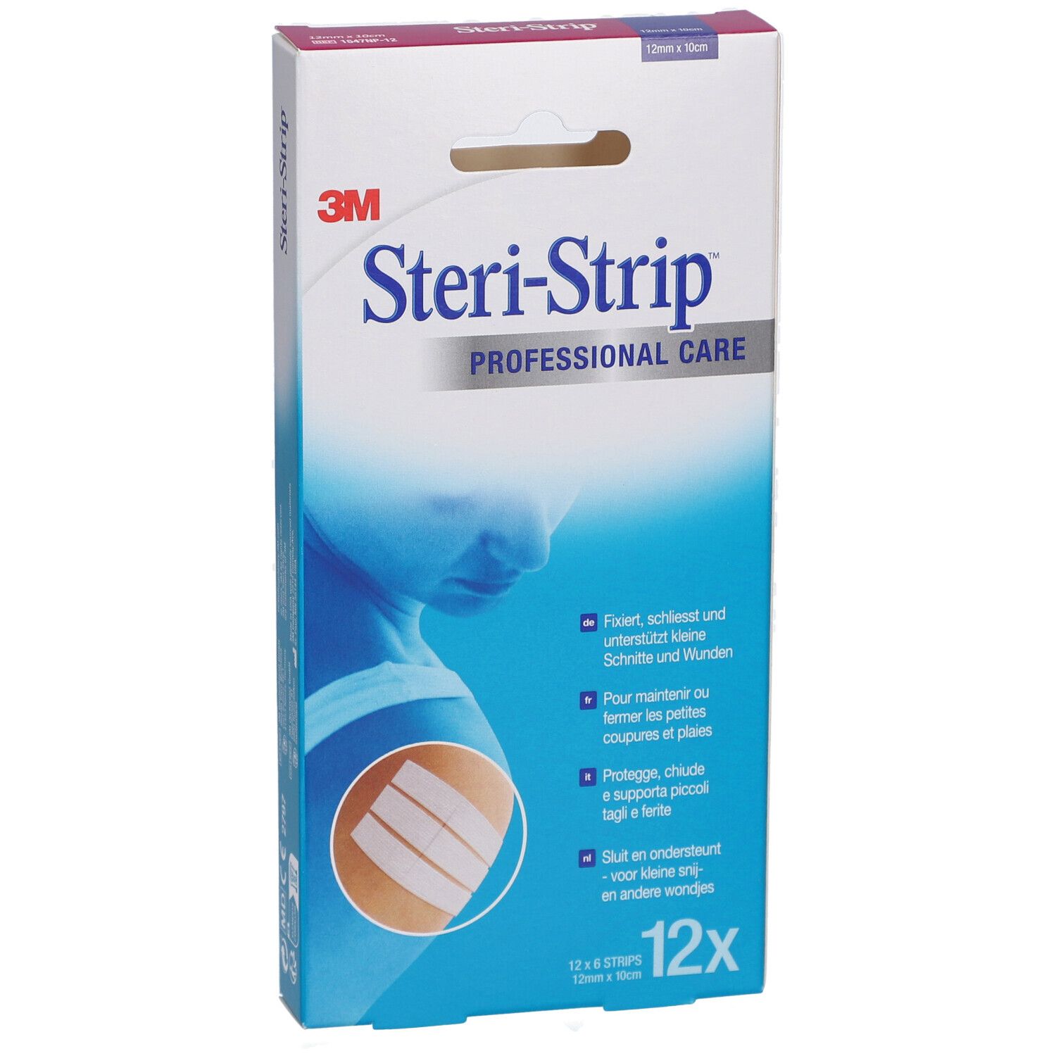 Verpackung von 3M Steri-Strip. Enthält 12 Streifen. Produktname und Logo deutlich sichtbar. Abbildung der Streifen.