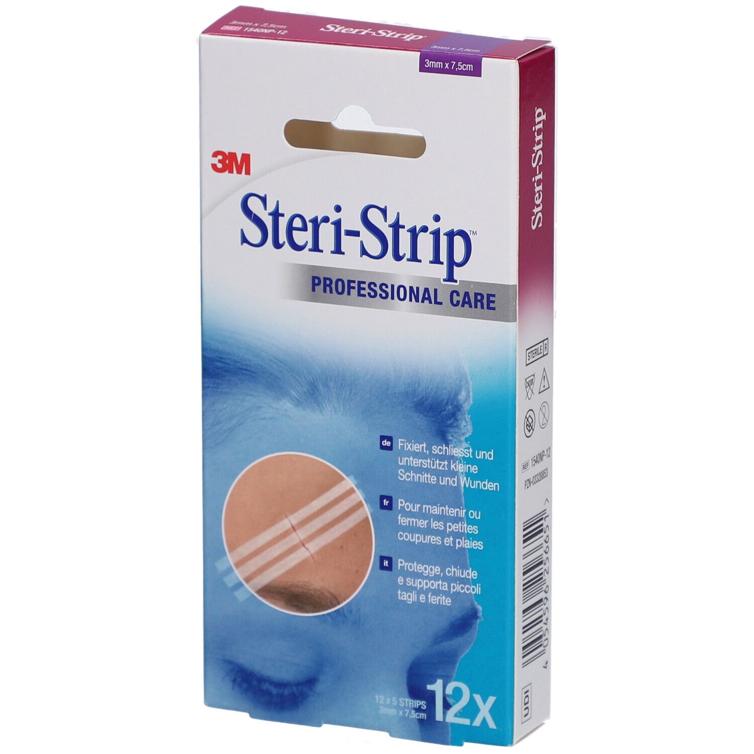Boîte de 3M Steri-Strip. Contient 12 bandes. Dimensions : 3 x 75 mm. Inscription : Professional Care.