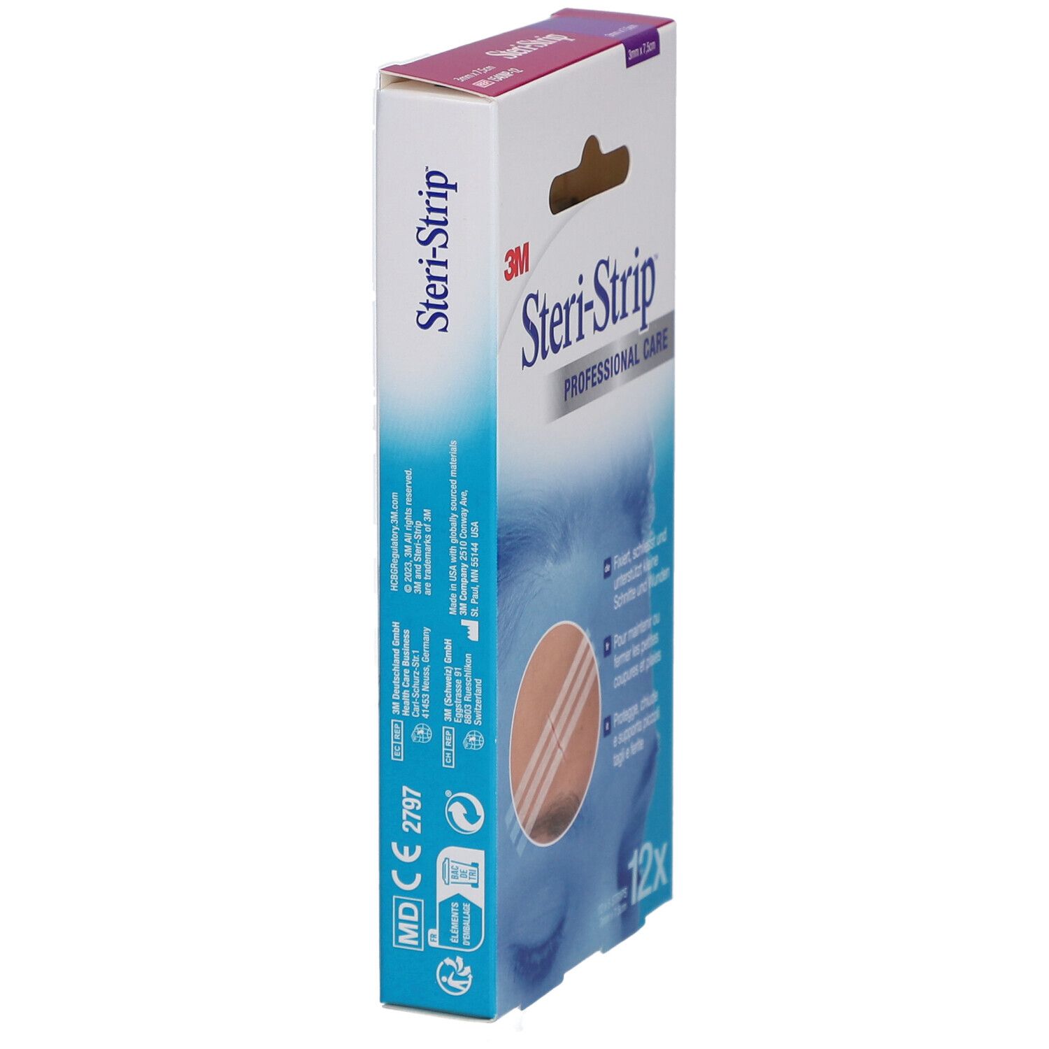 Boîte 3M Steri-Strip. Côté avec informations produit. Contient 12 bandes. Marquage CE.