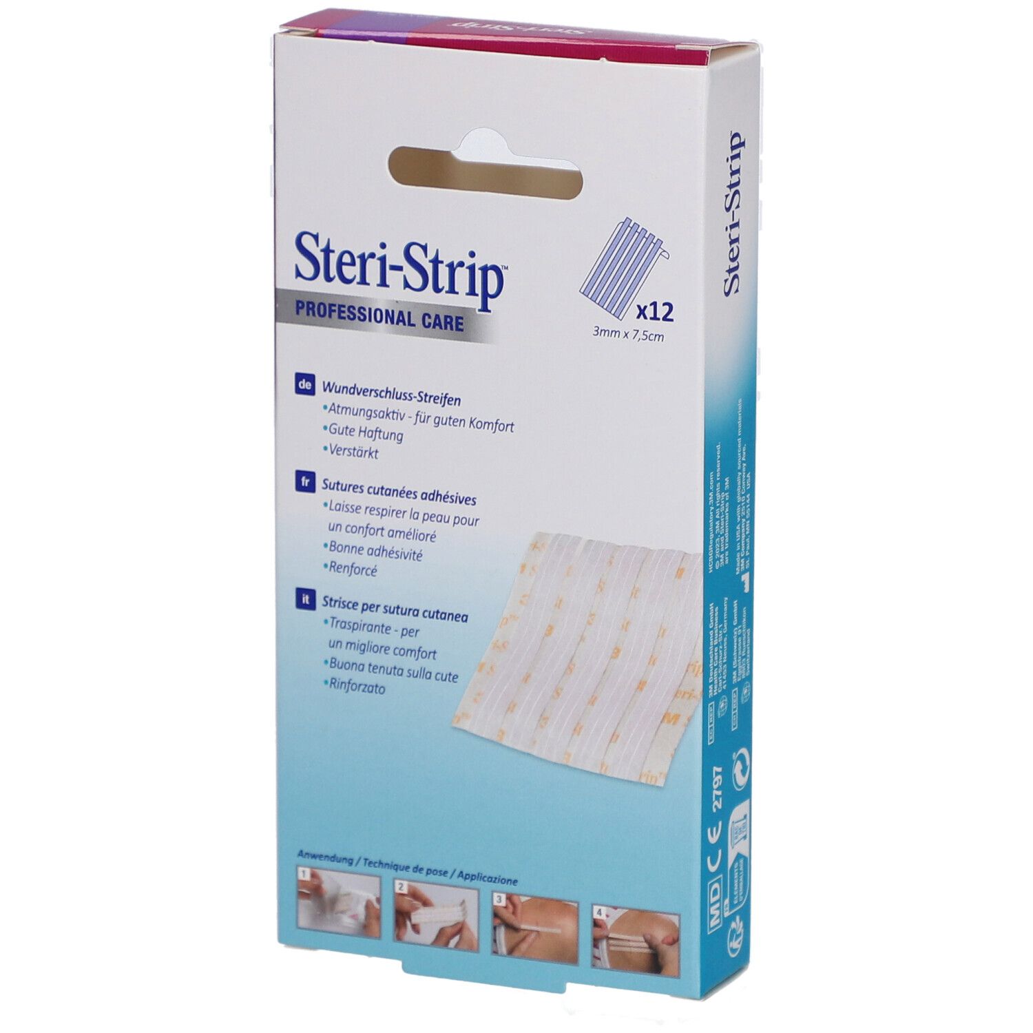 Boîte 3M Steri-Strip. Dos avec informations produit. 12 bandes, 3 x 75 mm.