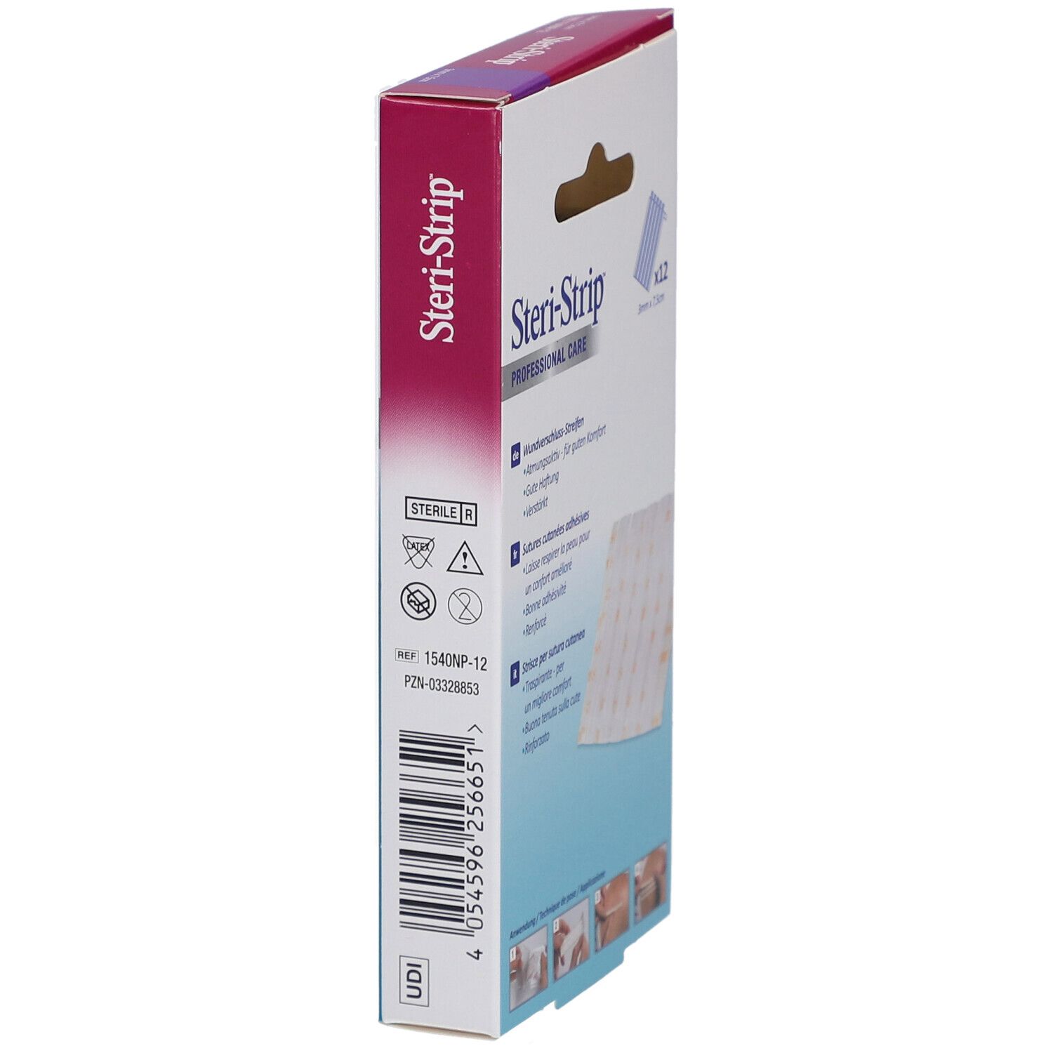Boîte 3M Steri-Strip. Côté avec informations produit. Symbole stérile. Code UDI.