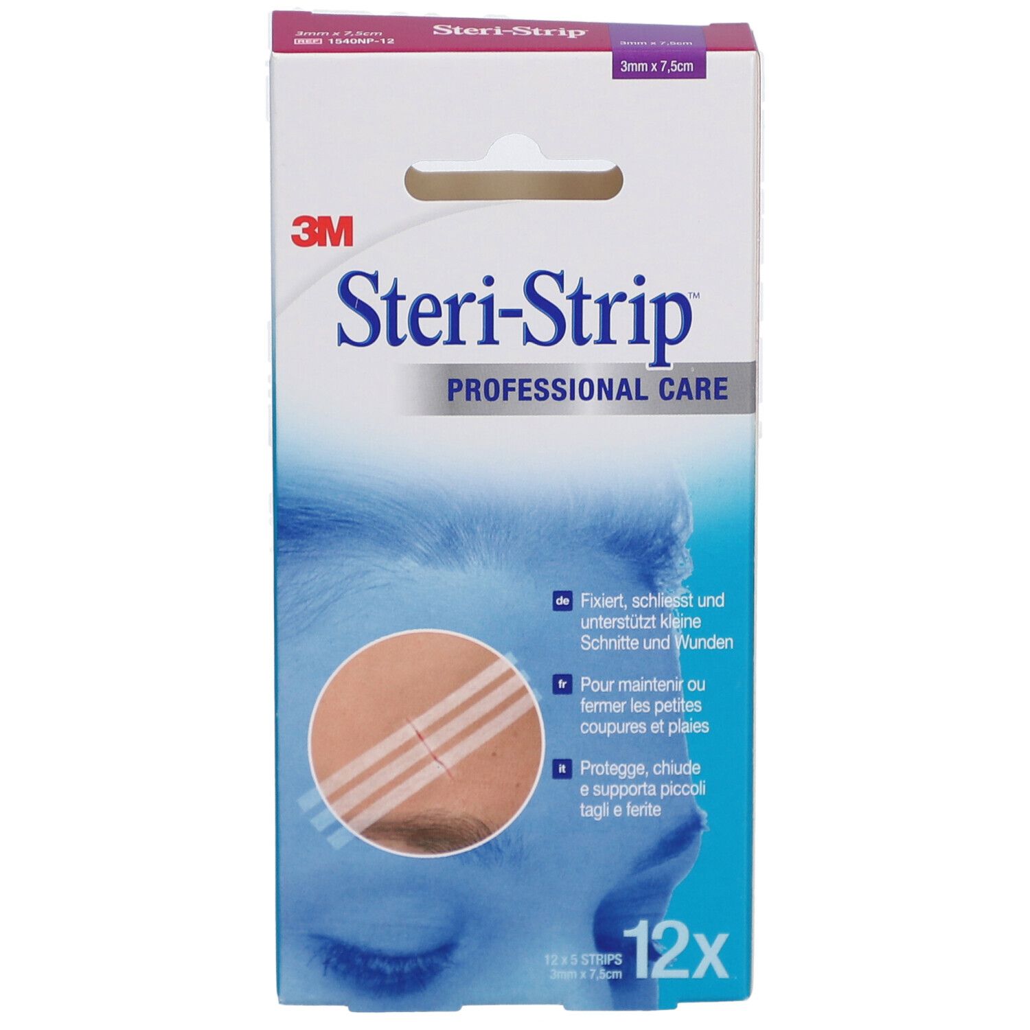 Boîte de 3M Steri-Strip. Contient 12 bandes. Dimensions : 3 x 75 mm. Inscription : Professional Care.