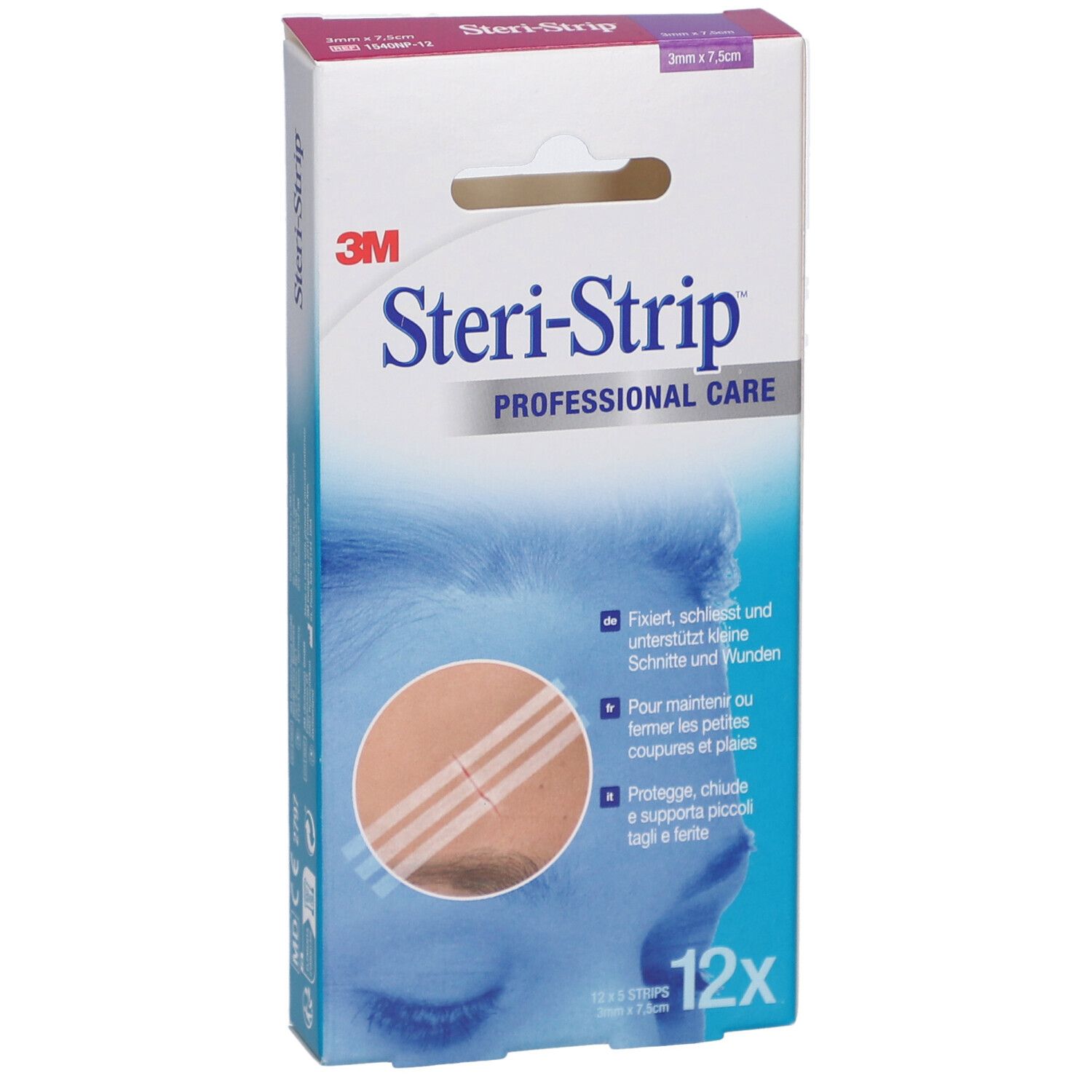 Boîte de 3M Steri-Strip. Contient 12 bandes. Dimensions : 3 x 75 mm. Inscription : Professional Care.