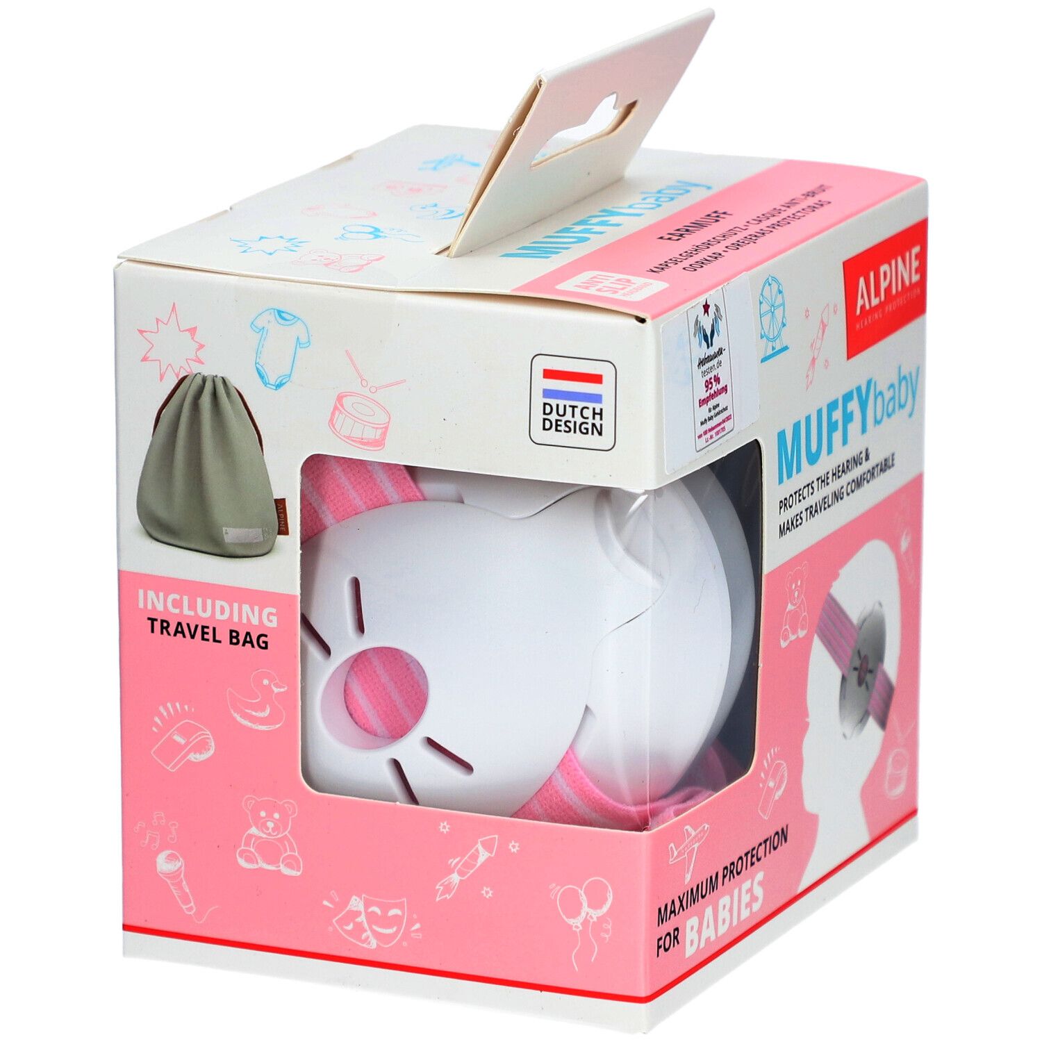 Verpackung mit Gehörschutz für Babys. ALPINE Muffy Baby. Inklusive Aufbewahrungstasche. Rosa und grau.