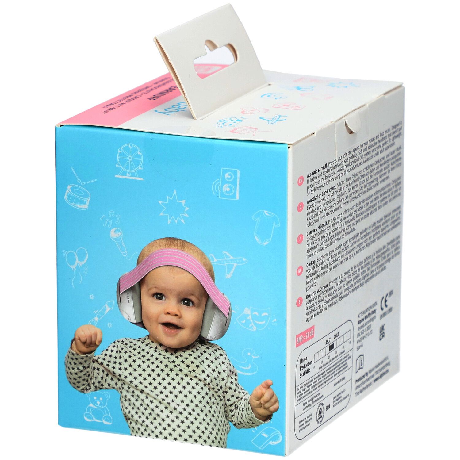 Verpackung mit Baby und Gehörschutz. ALPINE Muffy Baby. Rosa Kopfband. Blau-rosa Hintergrund.
