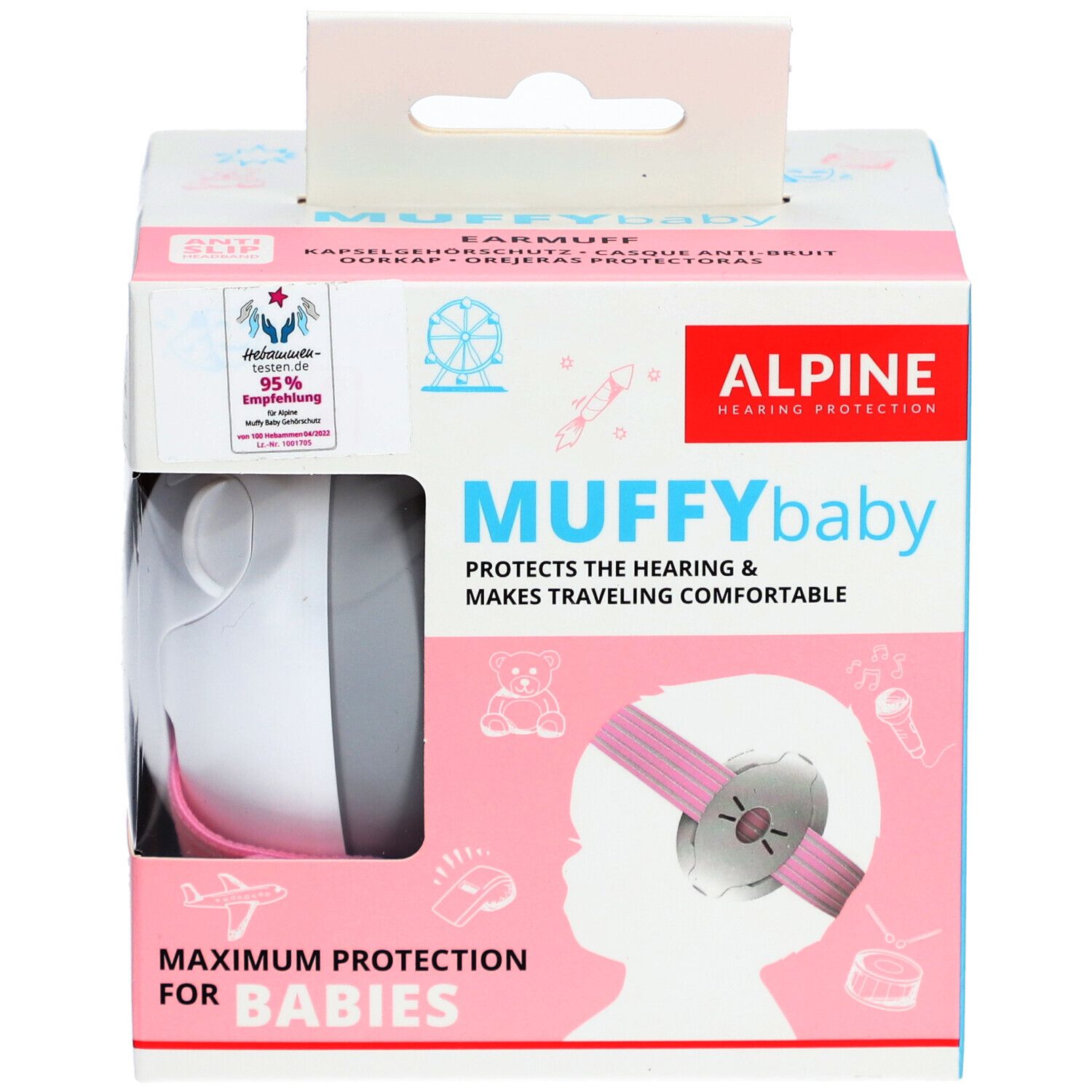 Verpackung mit Gehörschutz für Babys. ALPINE Muffy Baby. Rosa und graue Ohrenschützer. Sichtfenster.