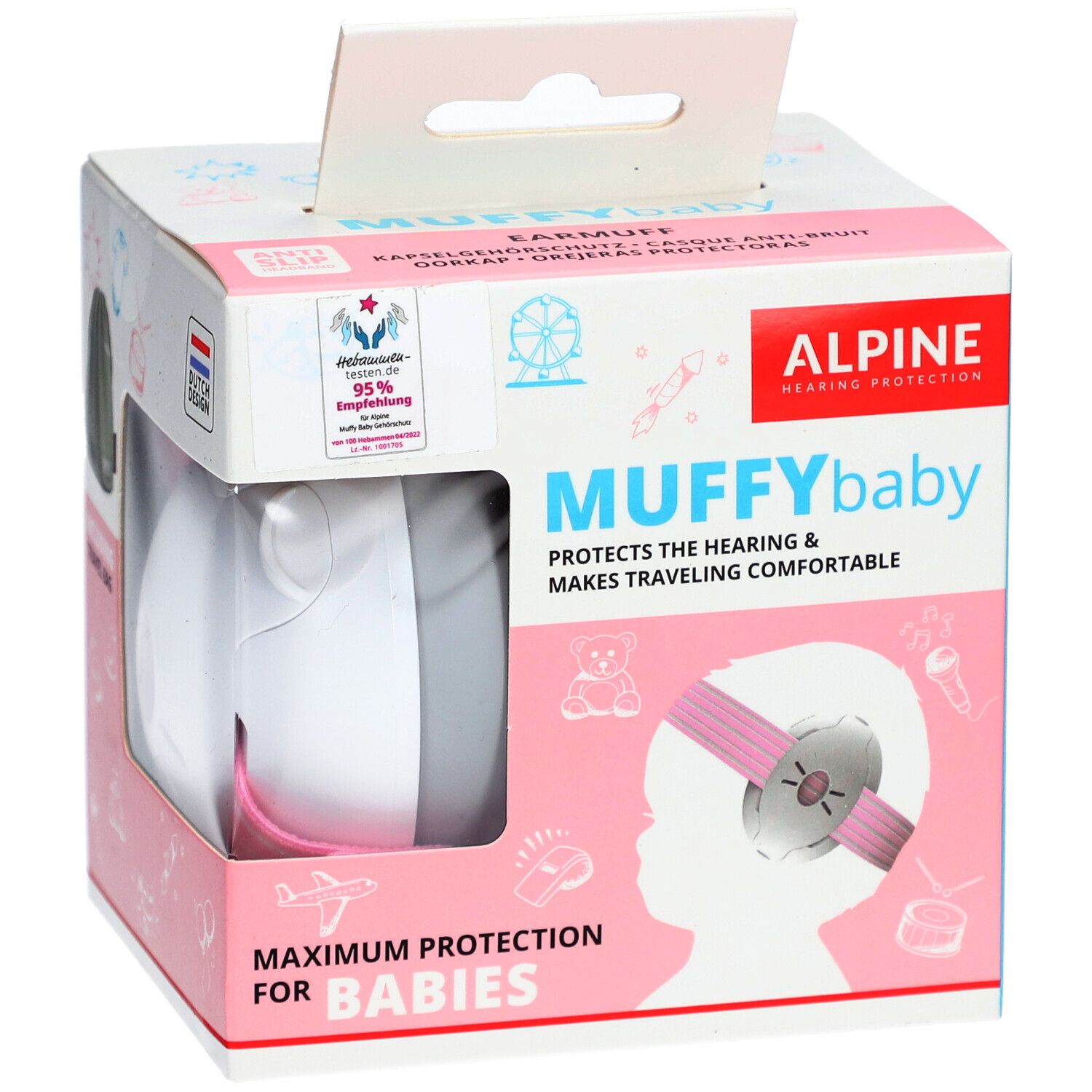 Verpackung mit Gehörschutz für Babys. ALPINE Muffy Baby. Rosa und graue Ohrenschützer. Sichtfenster.