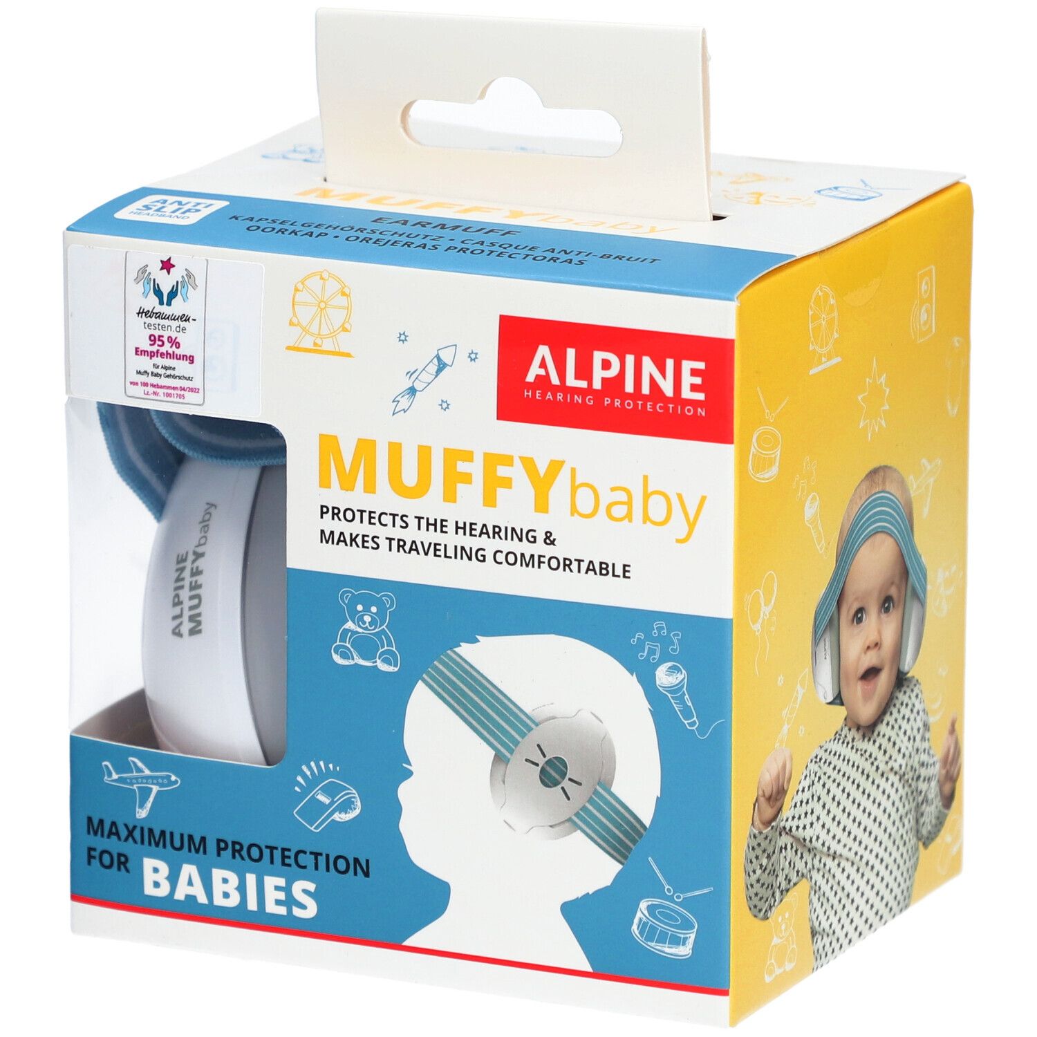 Verpackung von Alpine Muffy Baby. Blaue Ohrenschützer im Karton. Text: Muffy Baby, Maximum Protection for Babies.