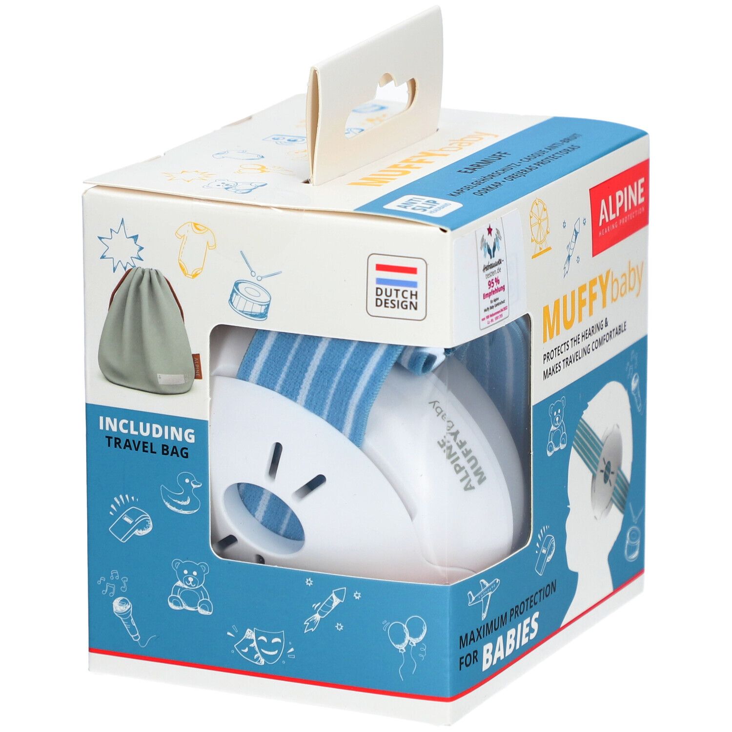 Alpine Muffy Baby Verpackung mit blau-weißem Gehörschutz und Beutel. Text: Muffy Baby, Dutch Design.