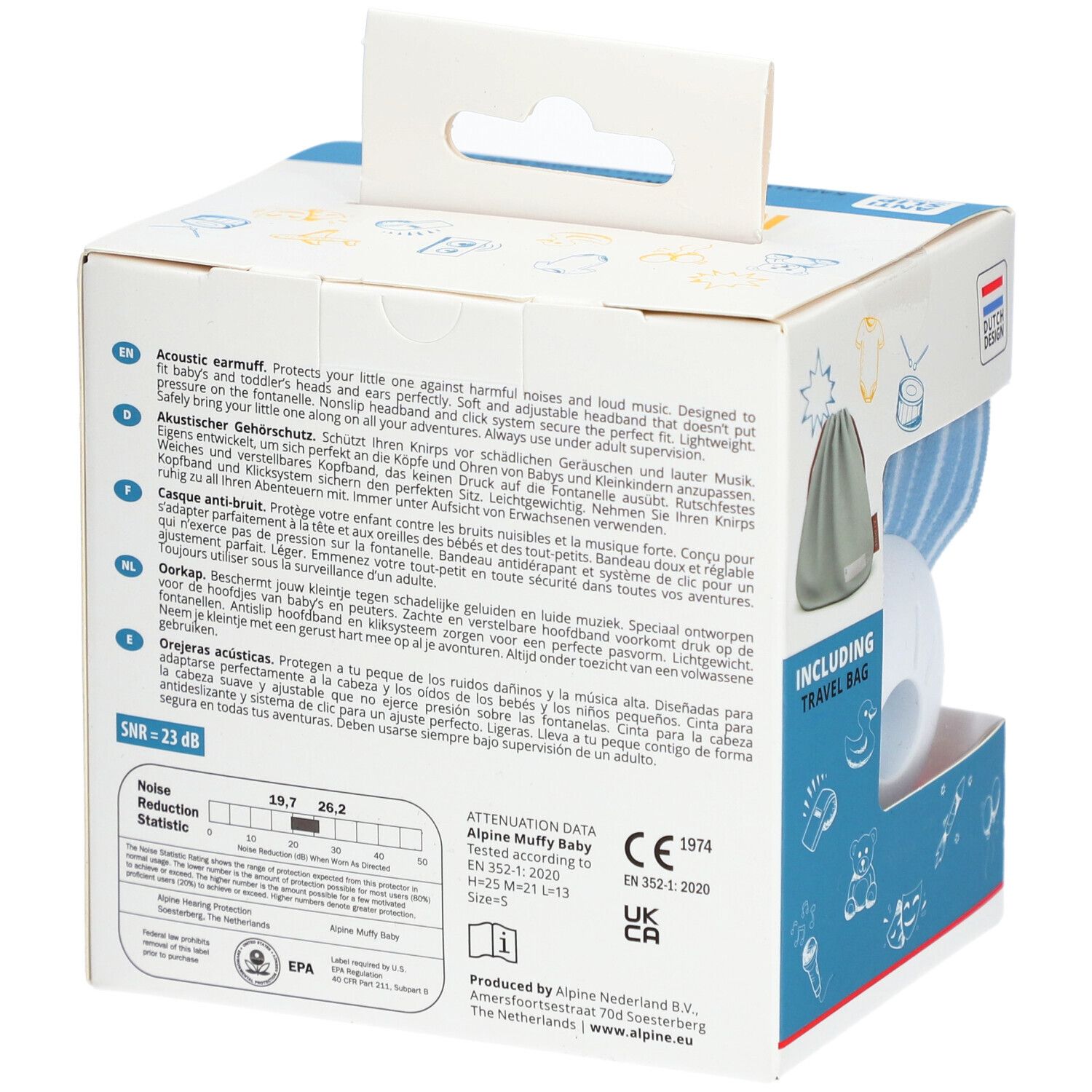 Rückseite der Alpine Muffy Baby Verpackung. Text in mehreren Sprachen. Beutel abgebildet. SNR 23dB.