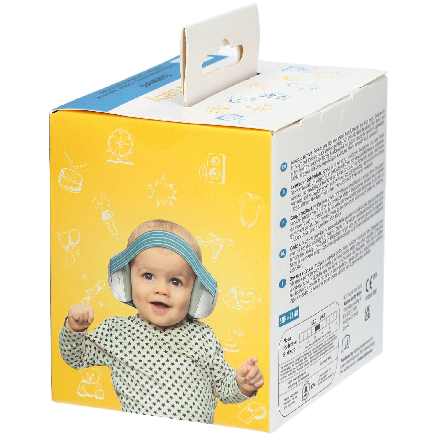 Alpine Muffy Baby Verpackung. Baby mit Ohrenschützern abgebildet. Gelber Hintergrund. Text: Muffy Baby.