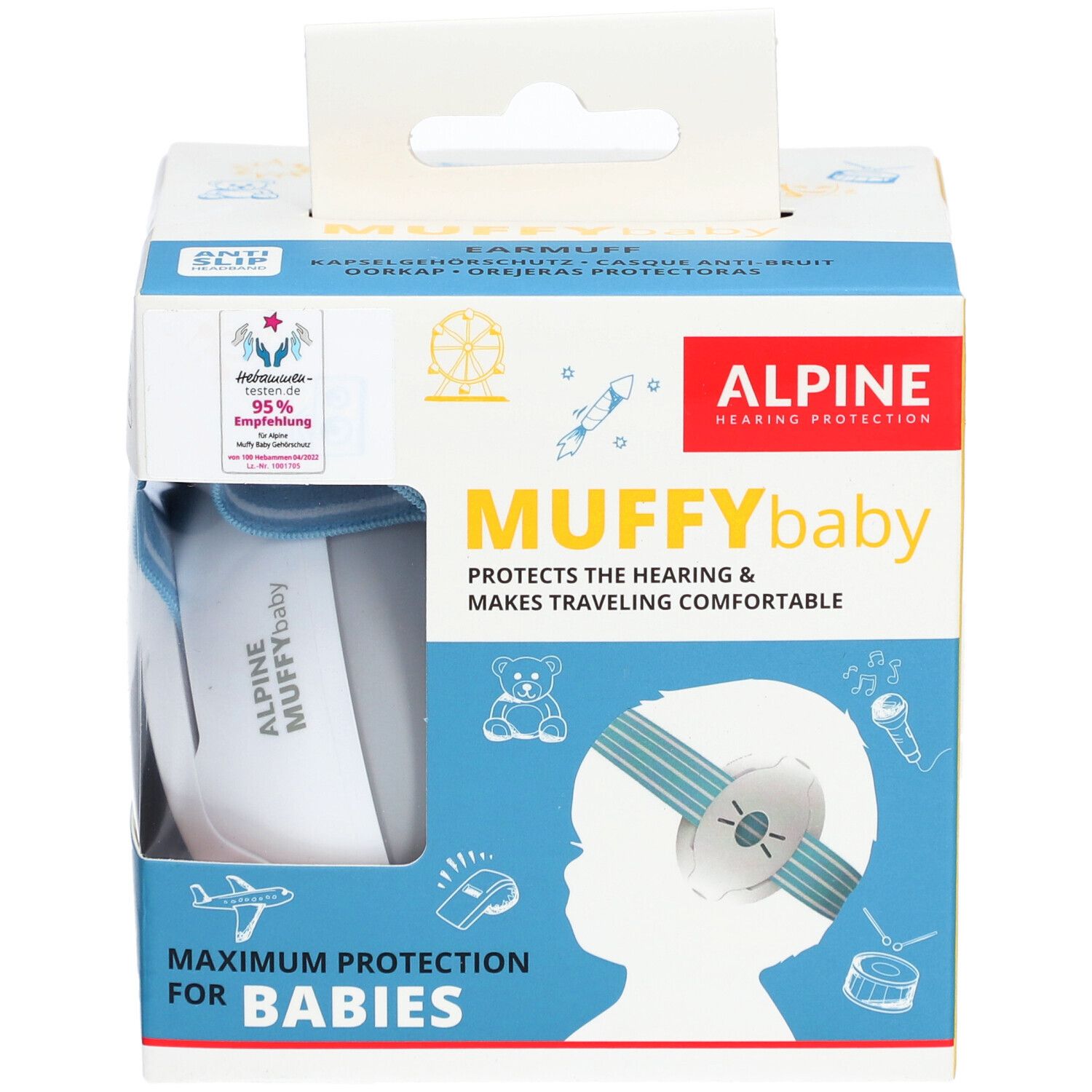 Alpine Muffy Baby Verpackung. Blaue Ohrenschützer sichtbar. Text: Muffy Baby, Maximum Protection for Babies.