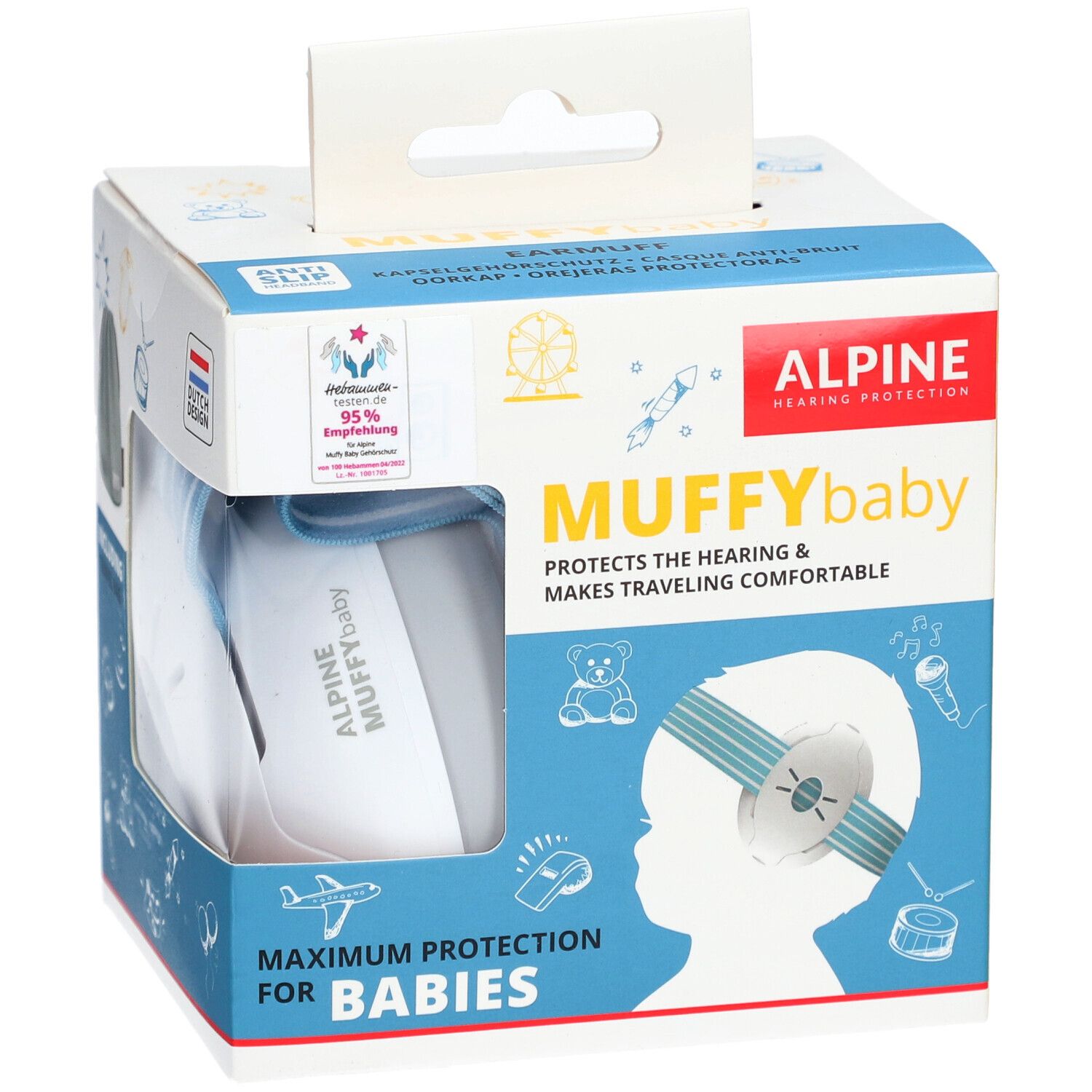 Alpine Muffy Baby Verpackung. Blaue Ohrenschützer sichtbar. Text: Muffy Baby, Maximum Protection for Babies.