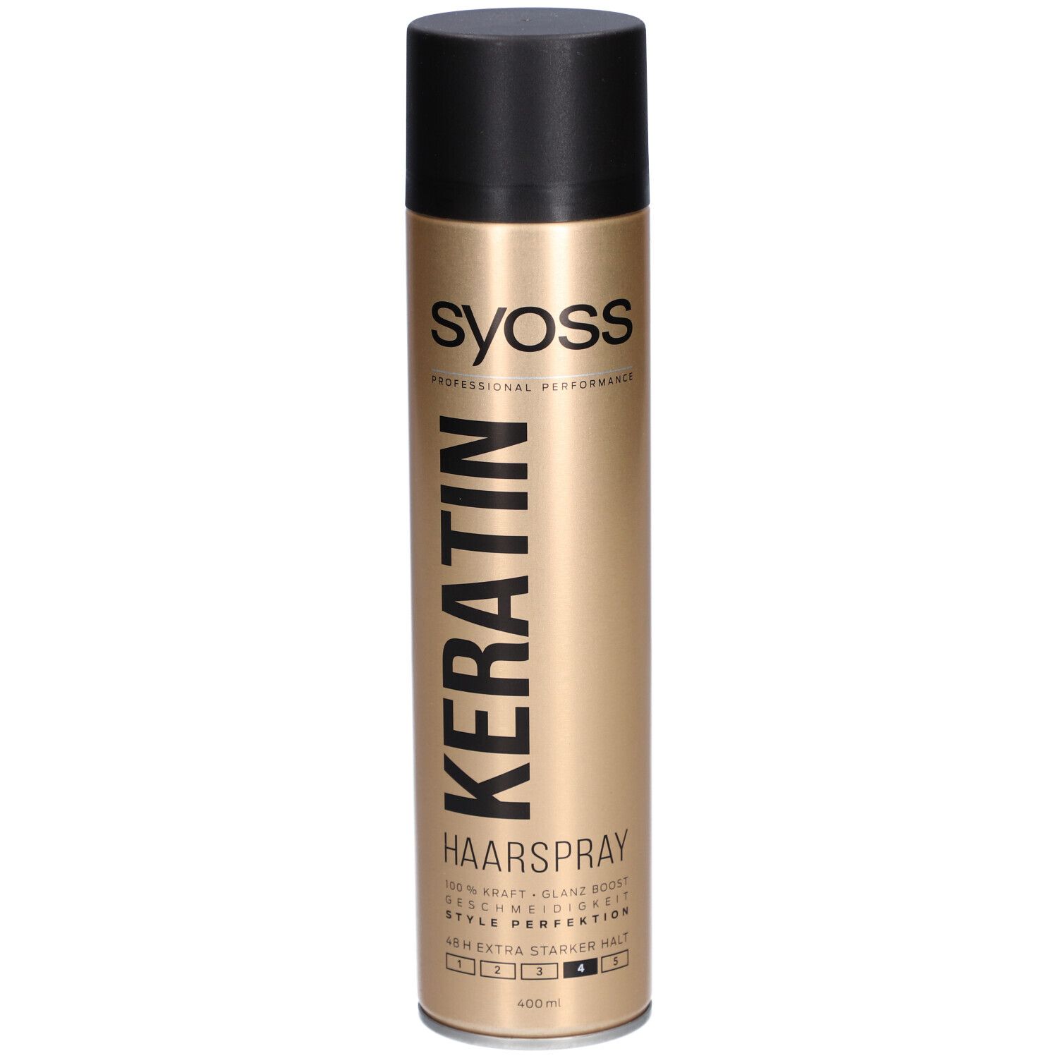 Flacon doré avec bouchon noir. Inscription : Keratin Haarspray, Syoss. Fixation extra forte.
