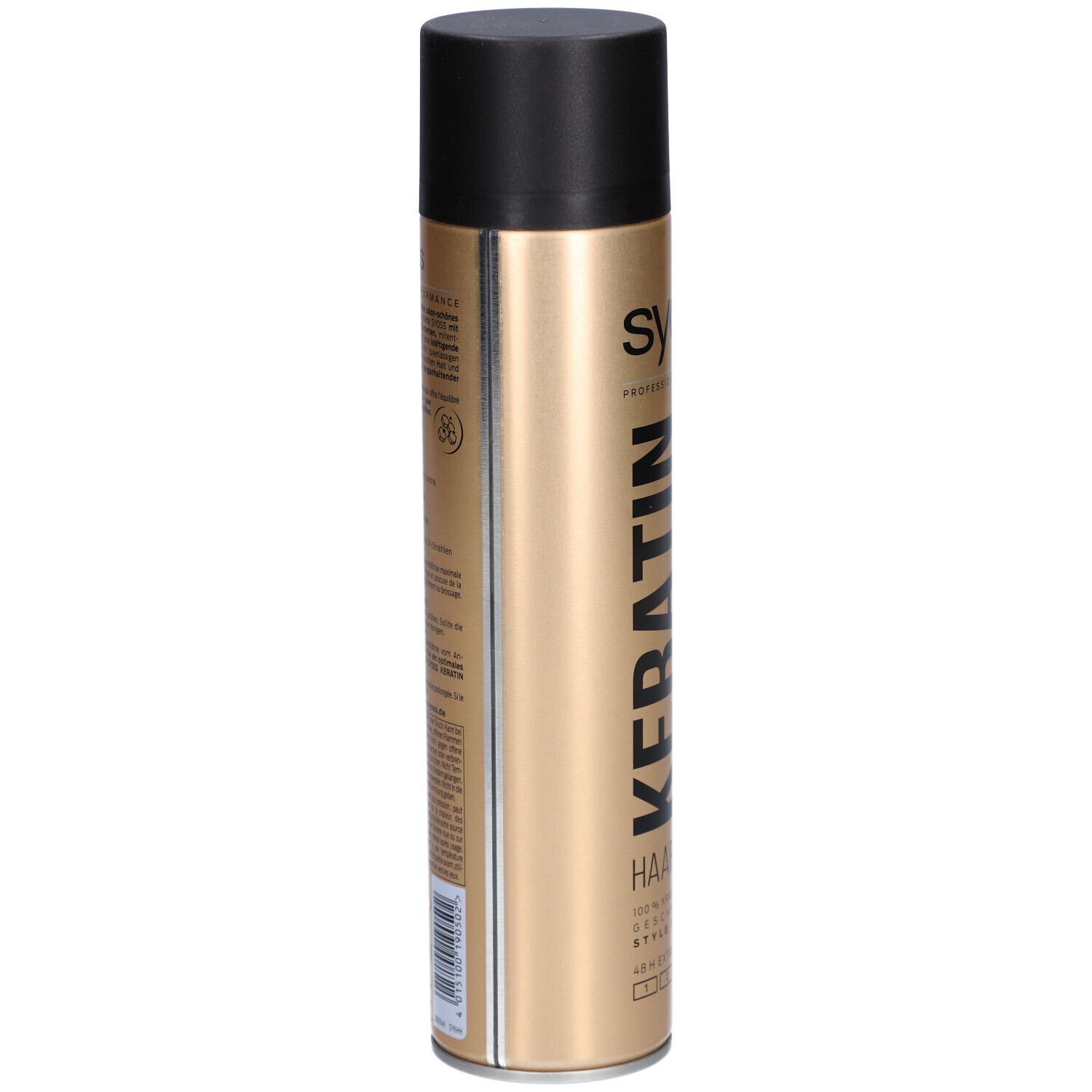 Flacon doré avec bouchon noir. Dos avec texte. Syoss Keratin Haarspray.