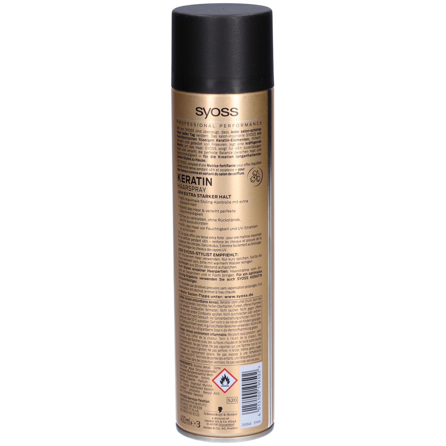 Flacon doré avec bouchon noir. Dos avec texte et symboles. Syoss Keratin Haarspray.