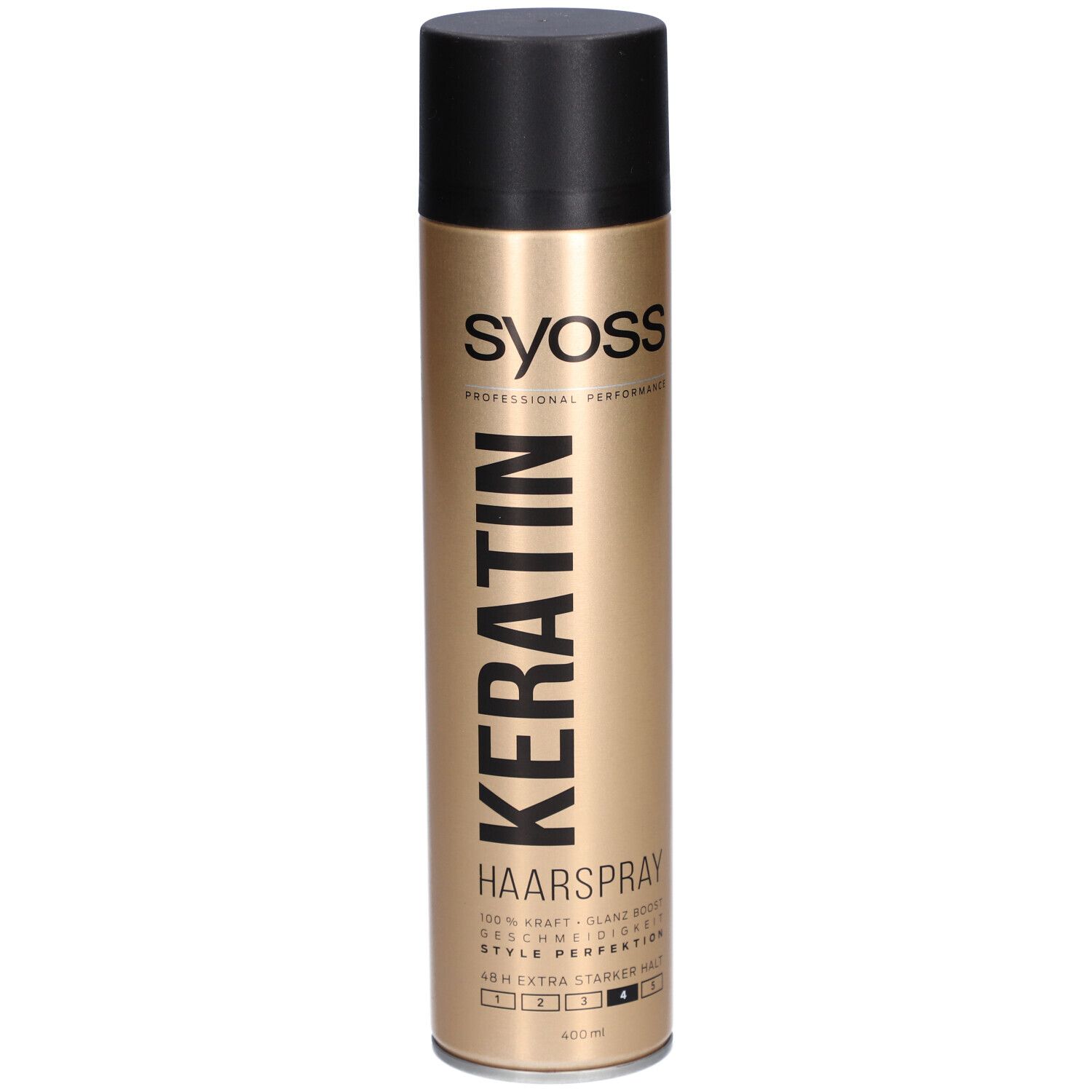 Flacon doré avec bouchon noir. Inscription : Keratin Haarspray, Syoss. Fixation extra forte.