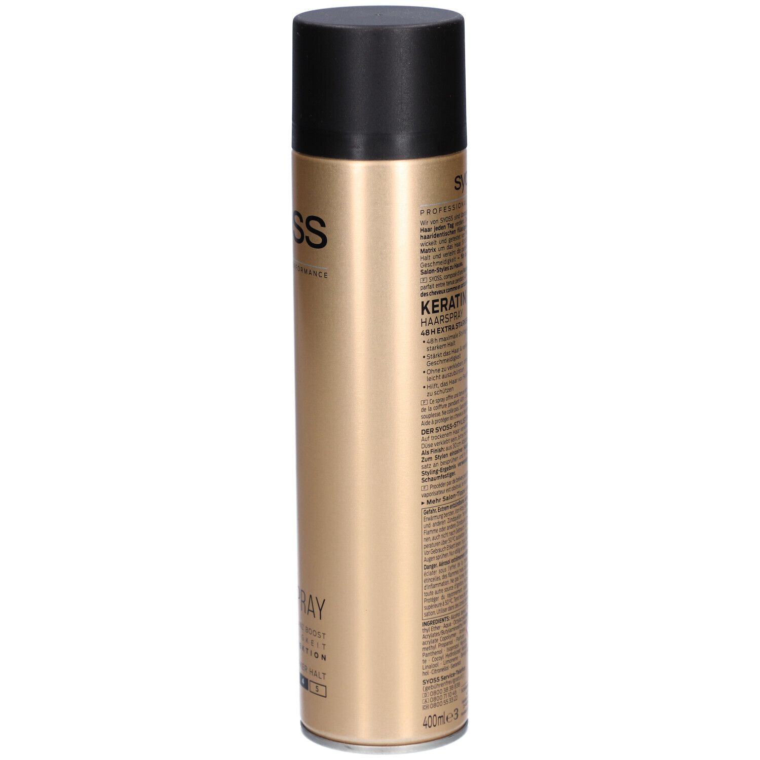Flacon doré avec bouchon noir. Dos avec texte. Syoss Keratin Haarspray.