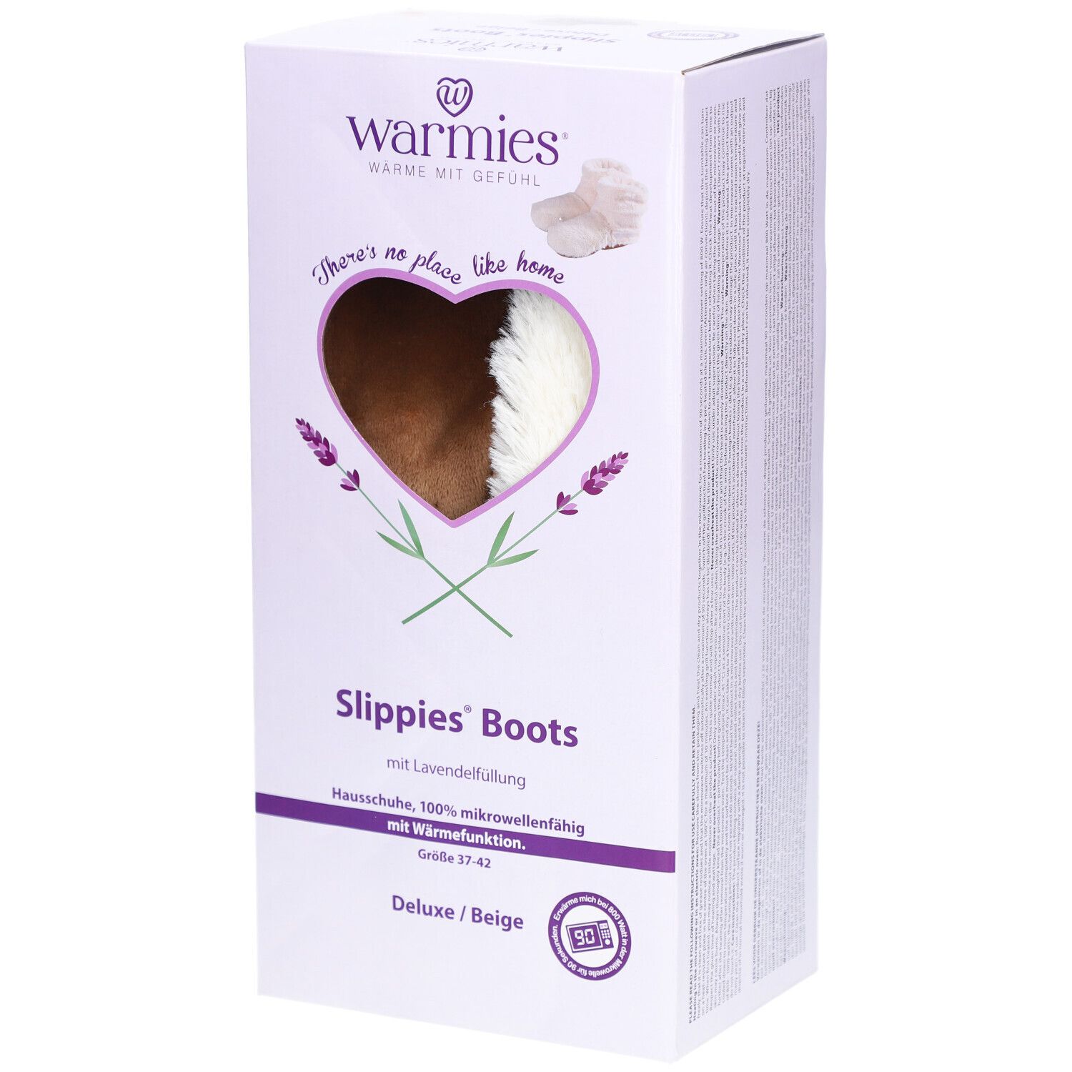 Verpackung von Warmies Slippies Boots. Sichtbar: Herzförmiges Fenster mit Stiefel-Ausschnitt, Produktname, Größe 37-42.