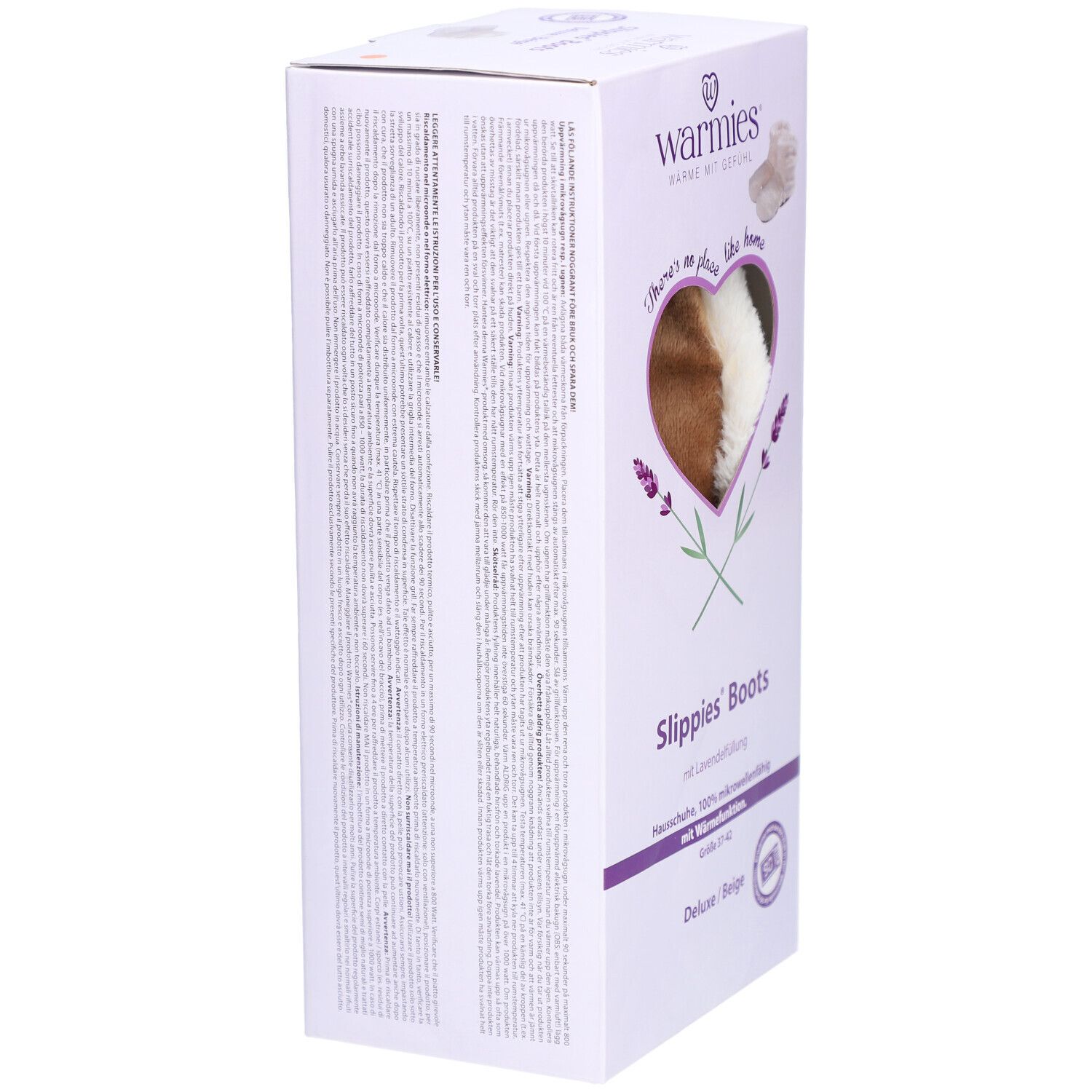 Seitenansicht der Warmies Slippies Boots Verpackung. Textliche Informationen auf weißem Hintergrund.