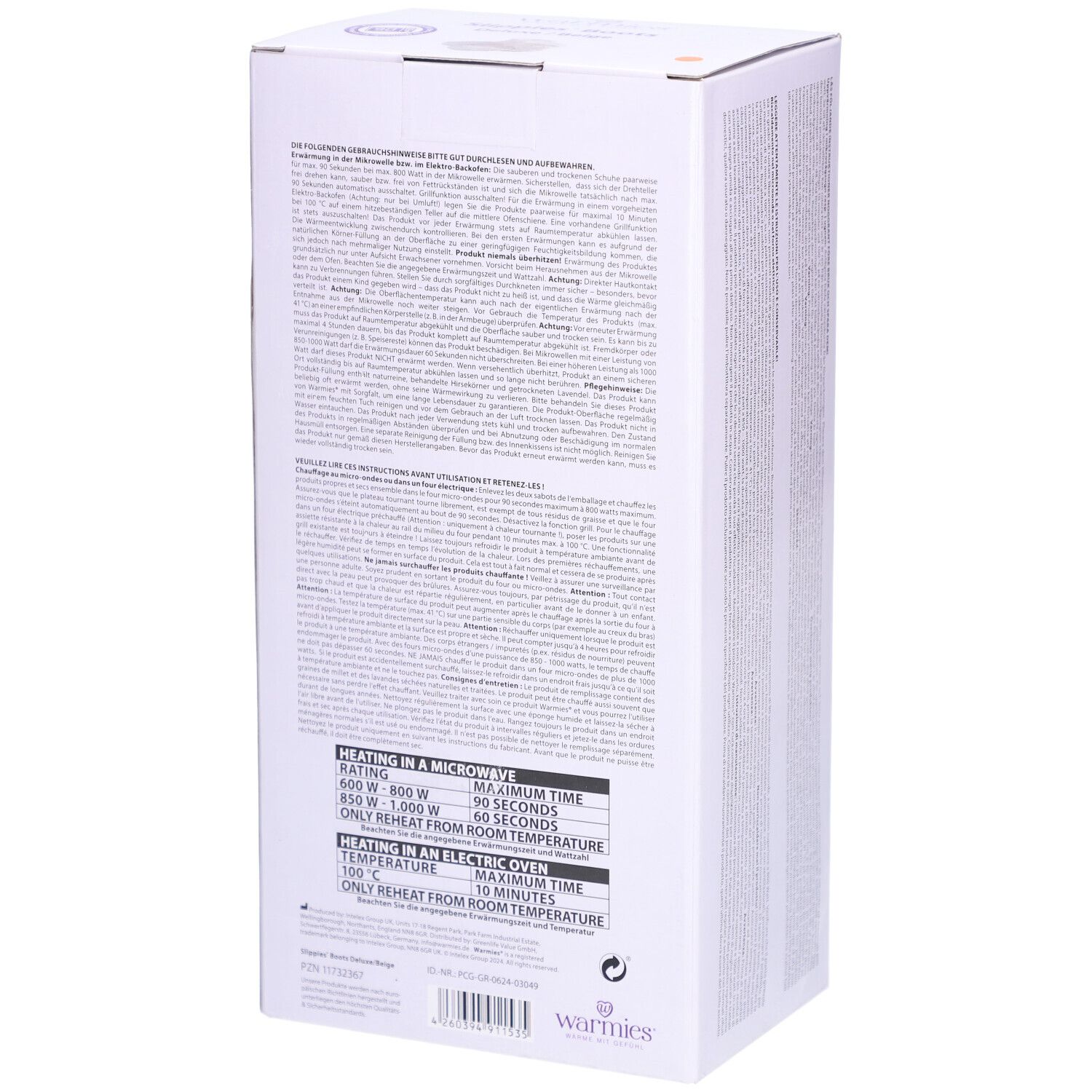 Rückseite der Warmies Slippies Boots Verpackung. Text mit Anweisungen zur Erwärmung in Mikrowelle und Ofen.