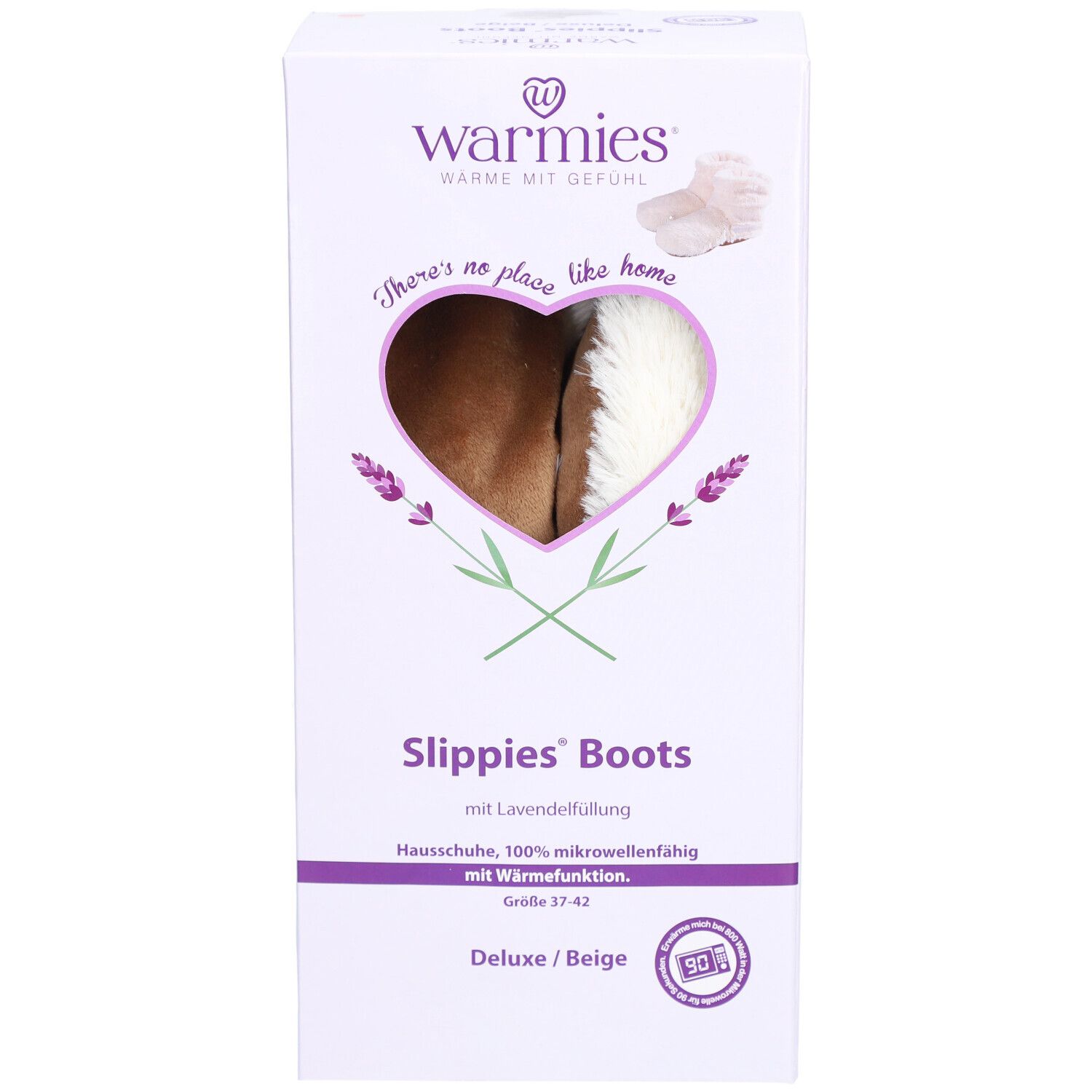 Warmies Slippies Boots Verpackung. Herzförmiges Fenster mit Stiefel-Ausschnitt, Produktname, Größe 37-42.