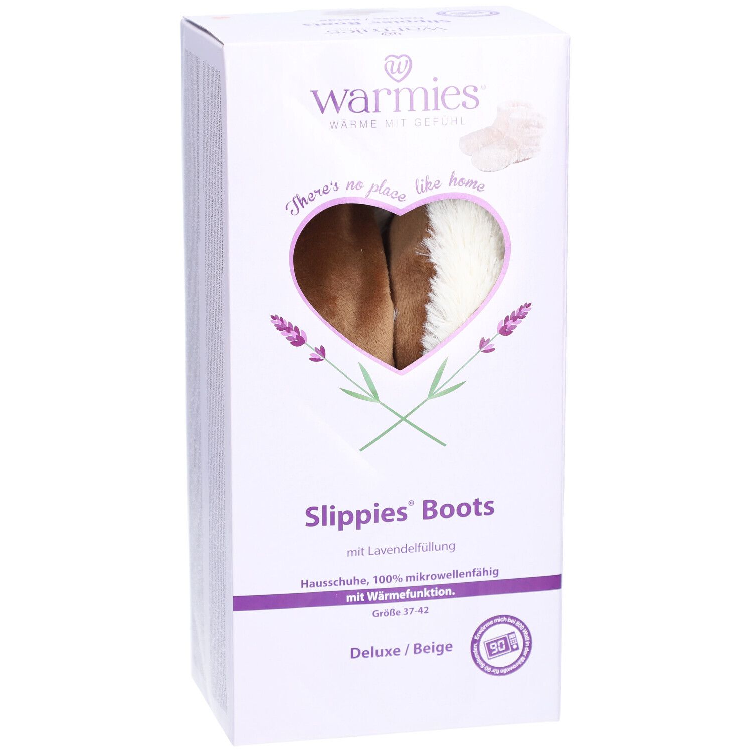 Warmies Slippies Boots Verpackung. Herzförmiges Fenster mit Stiefel-Ausschnitt, Produktname, Größe 37-42.