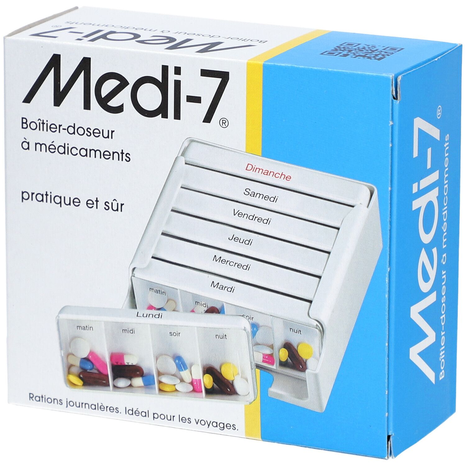 Boîte à médicaments Medi-7 avec 7 compartiments journaliers et 4 par jour. Comprend des pilules. Boîte et compartiments blancs, texte noir. Emballage bleu et jaune.