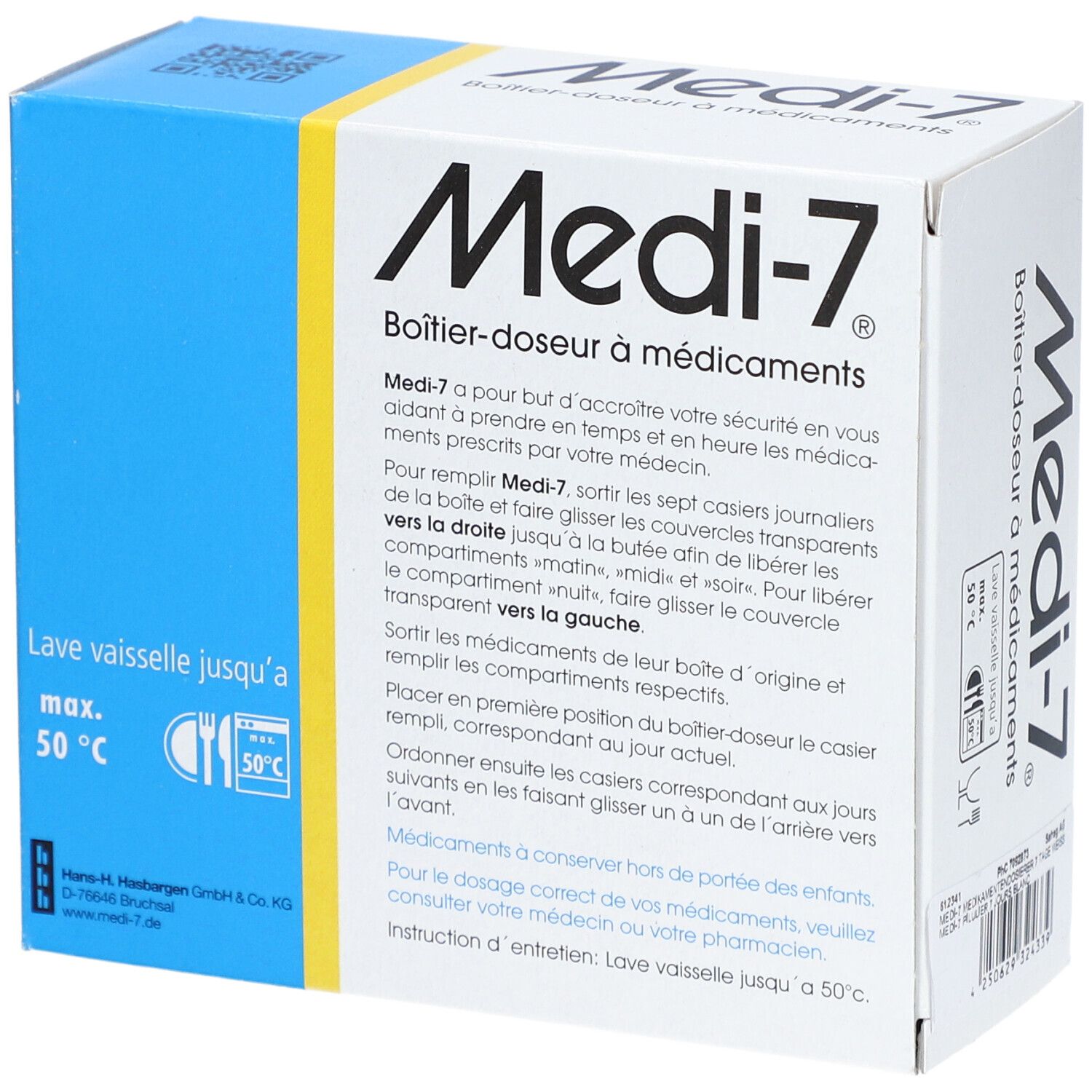 Emballage de la boîte à médicaments Medi-7. Boîte blanche avec côté bleu. Texte et logos. Symboles lave-vaisselle et température.