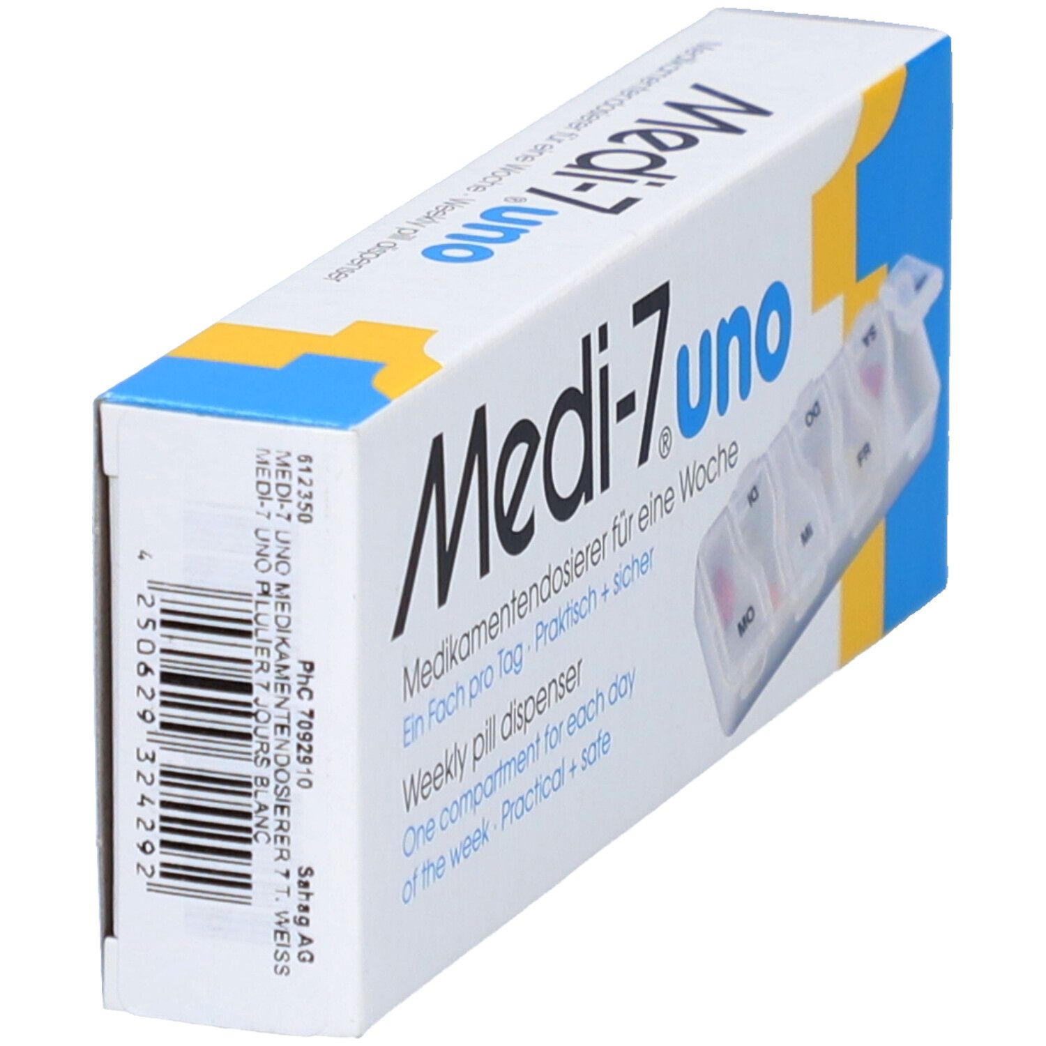 Schrägansicht des Medikamentendosierers. Weißer Karton mit Produktnamen und Barcode. Tablettenfächer sichtbar.
