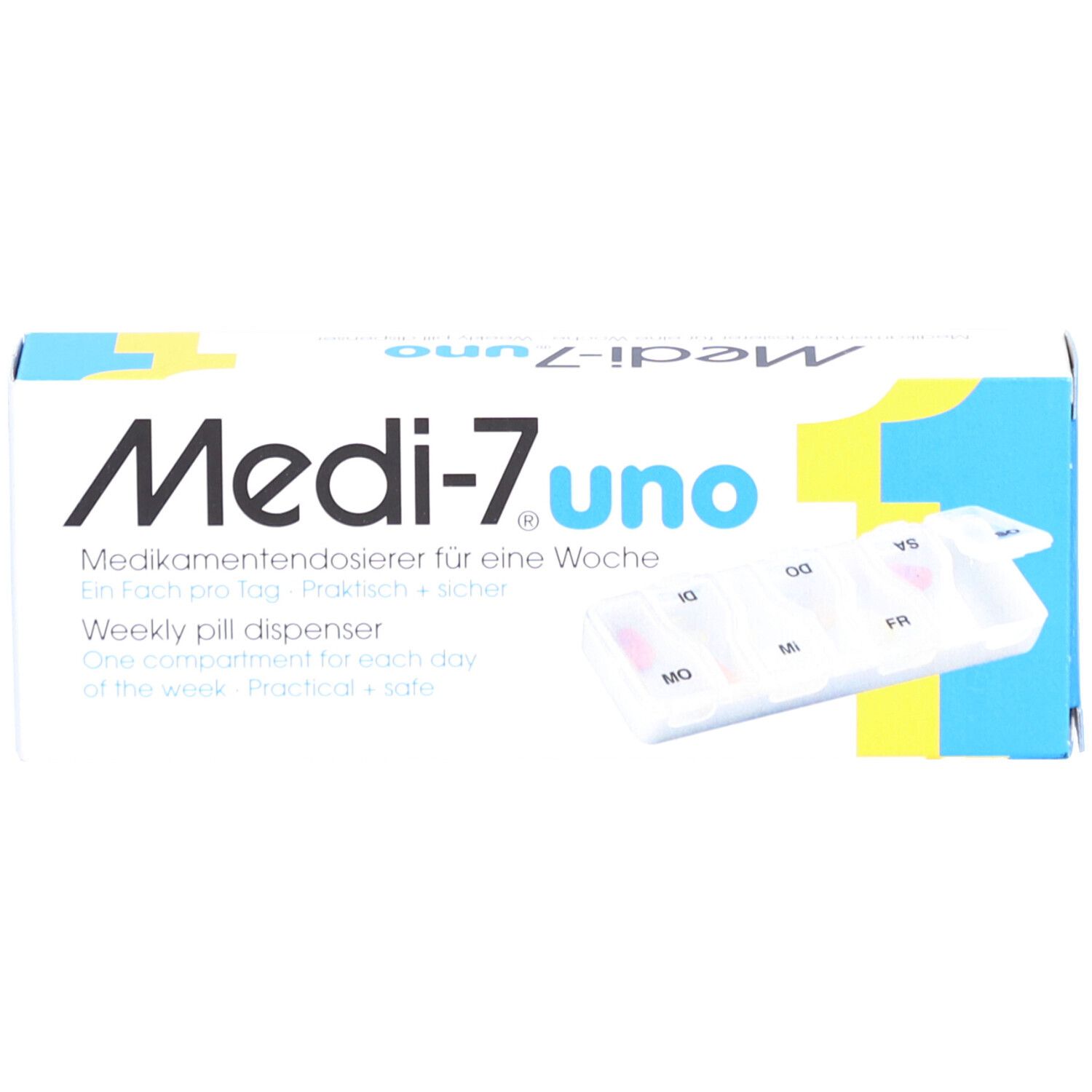Medikamentendosierer mit Wochen-Einteilung. Weißer Karton mit Produktnamen und Wochen-Tagen. Tablettenfächer sichtbar.
