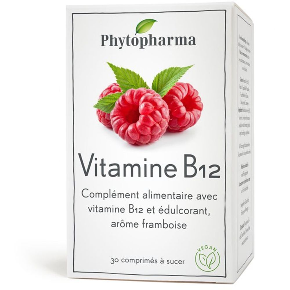 Weiße Schachtel mit PHYTOPHARMA Logo, Himbeeren-Abbildung und Text: Vitamine B12. 30 Lutschtabletten, vegan.