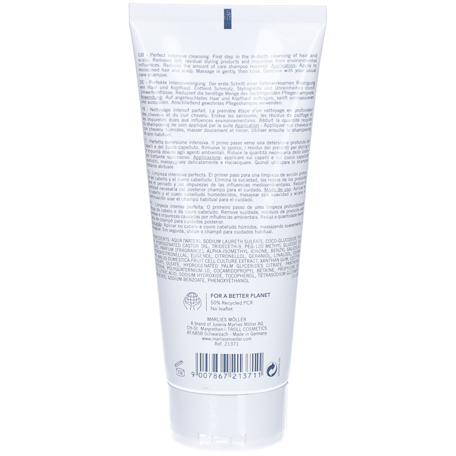 Rückseite der Tube. Text in mehreren Sprachen. Logo: For a better planet.