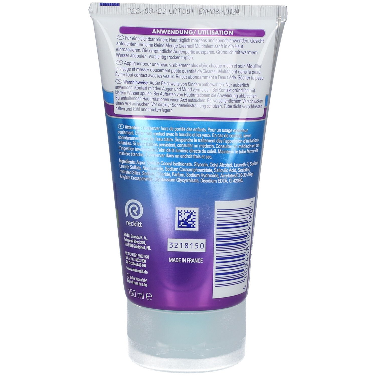 Rückseite der Tube. Text in mehreren Sprachen. Herstellerlogo und QR-Code. "MADE IN FRANCE".
