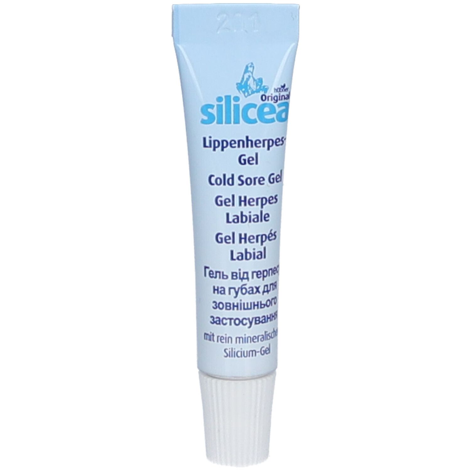 HÜBNER Original Sicicea med Gel. Hellblaue Tube mit weißem Verschluss. Produktbezeichnung und Inhaltsangaben.