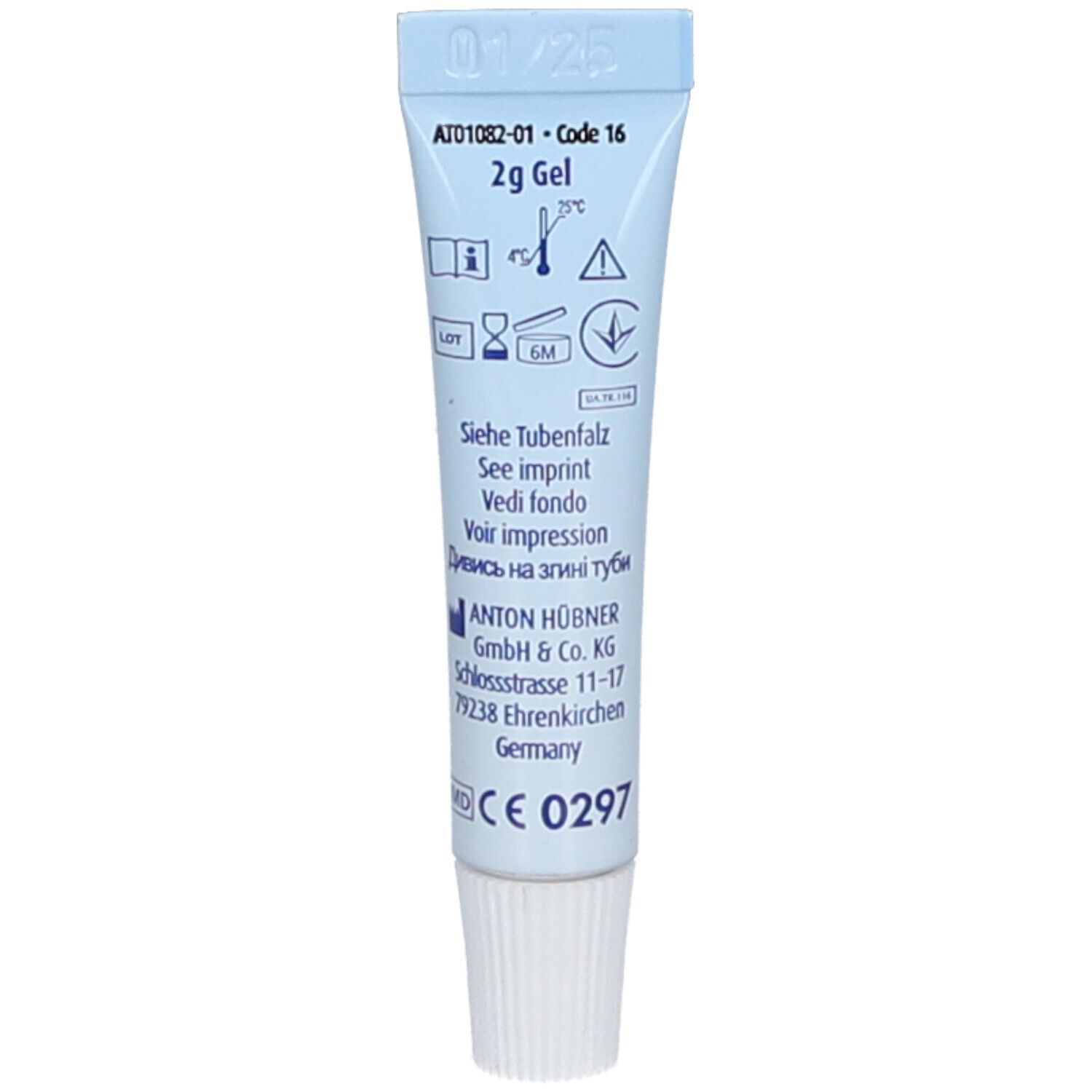 Rückseite der HÜBNER Original Sicicea med Gel Tube. Informationen, Chargennummer, Verfallsdatum und Hersteller.