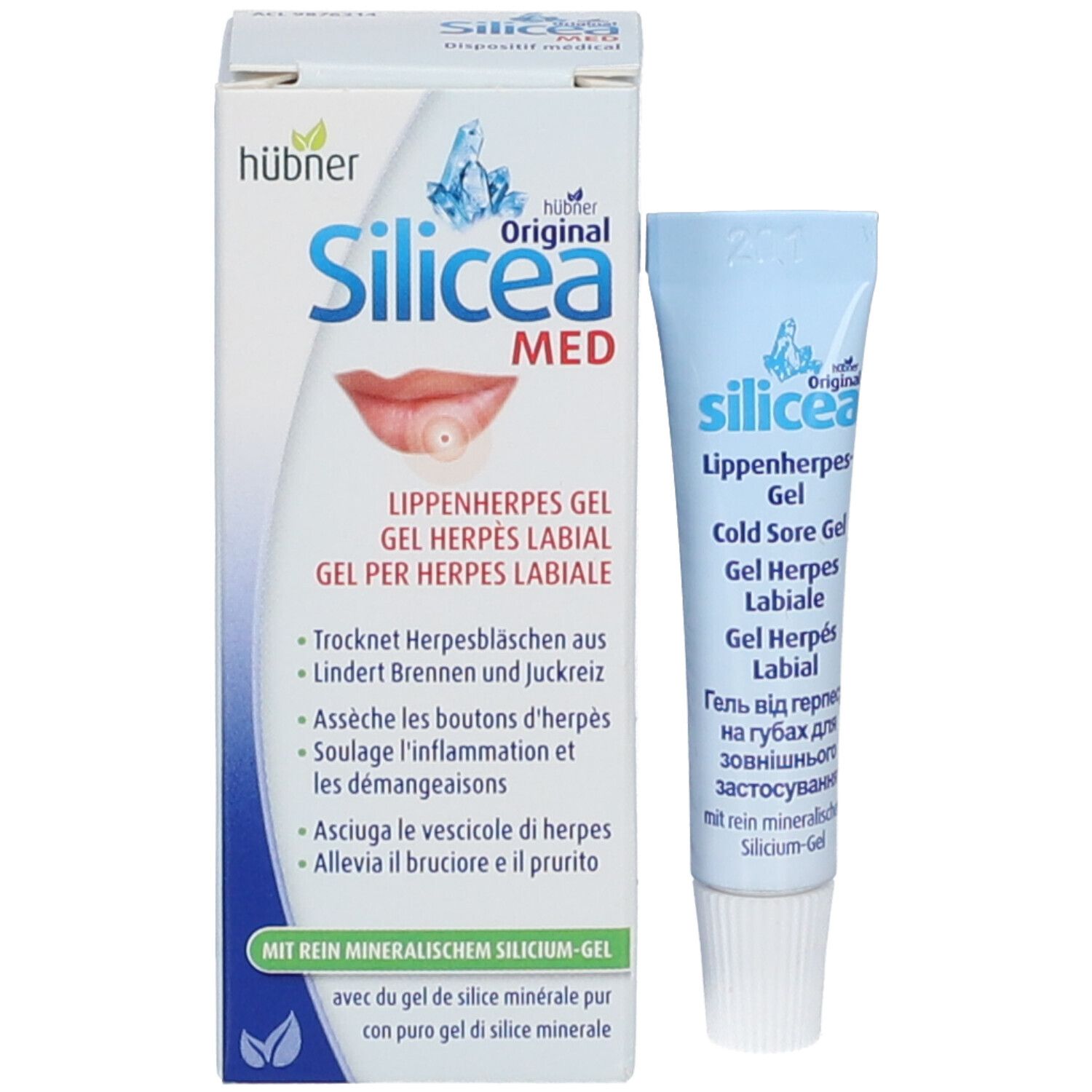HÜBNER Original Sicicea med Gel und Verpackung. Produktname, Logo und Produktbeschreibung auf der Verpackung.