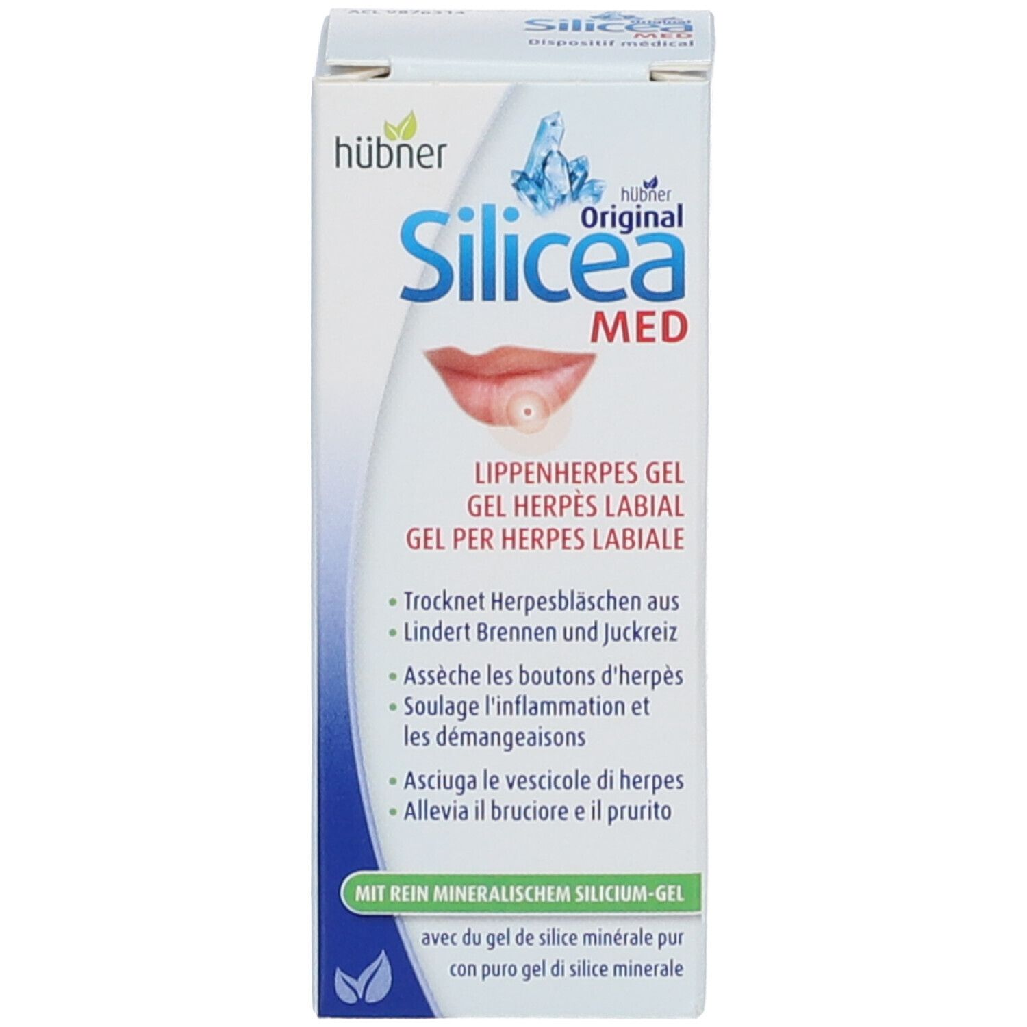 HÜBNER Original Sicicea med Gel Verpackung. Produktname, Logo und Produktbeschreibung auf der Verpackung.