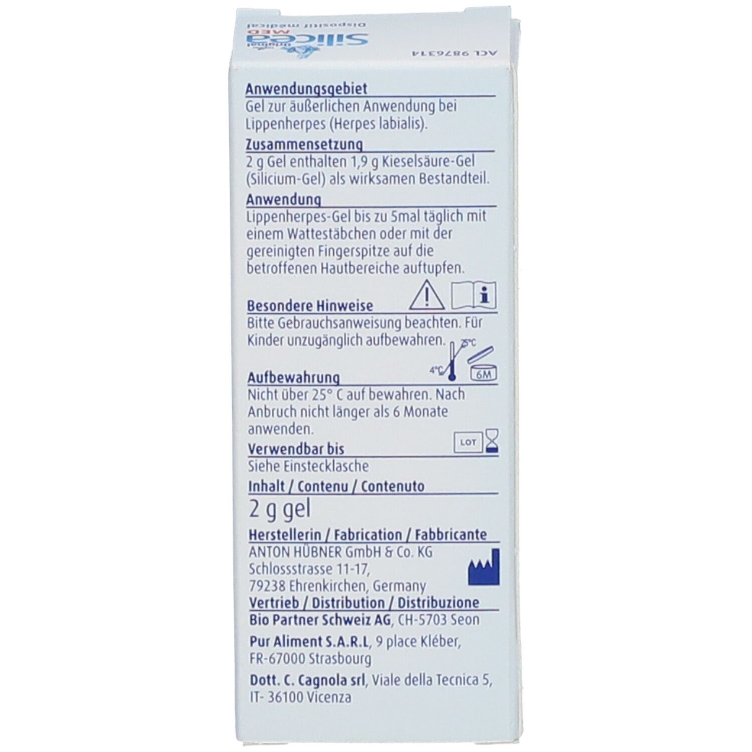 Rückseite der HÜBNER Original Sicicea med Gel Verpackung. Produktinformationen und Anwendungshinweise.