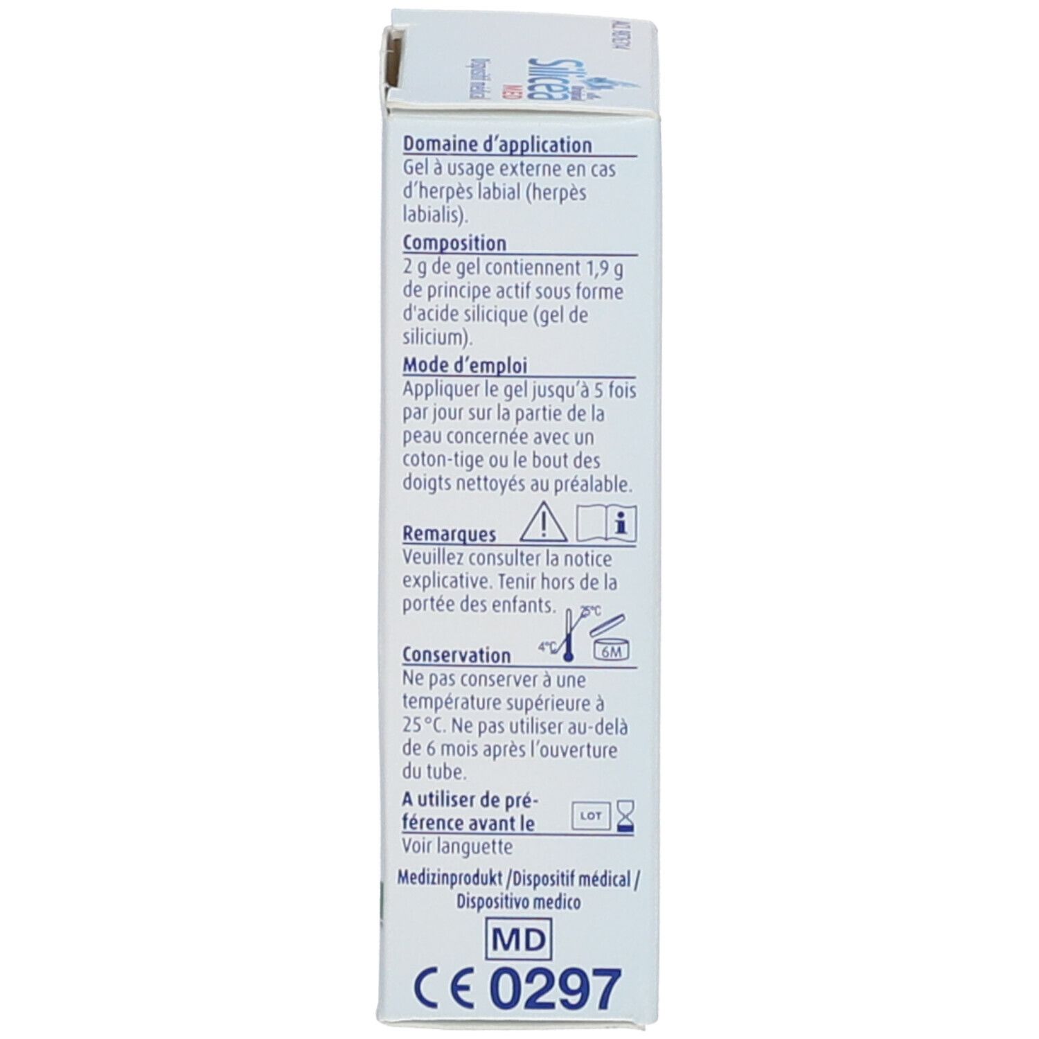 Rückseite der HÜBNER Original Sicicea med Gel Verpackung. Produktinformationen und Anwendungshinweise.